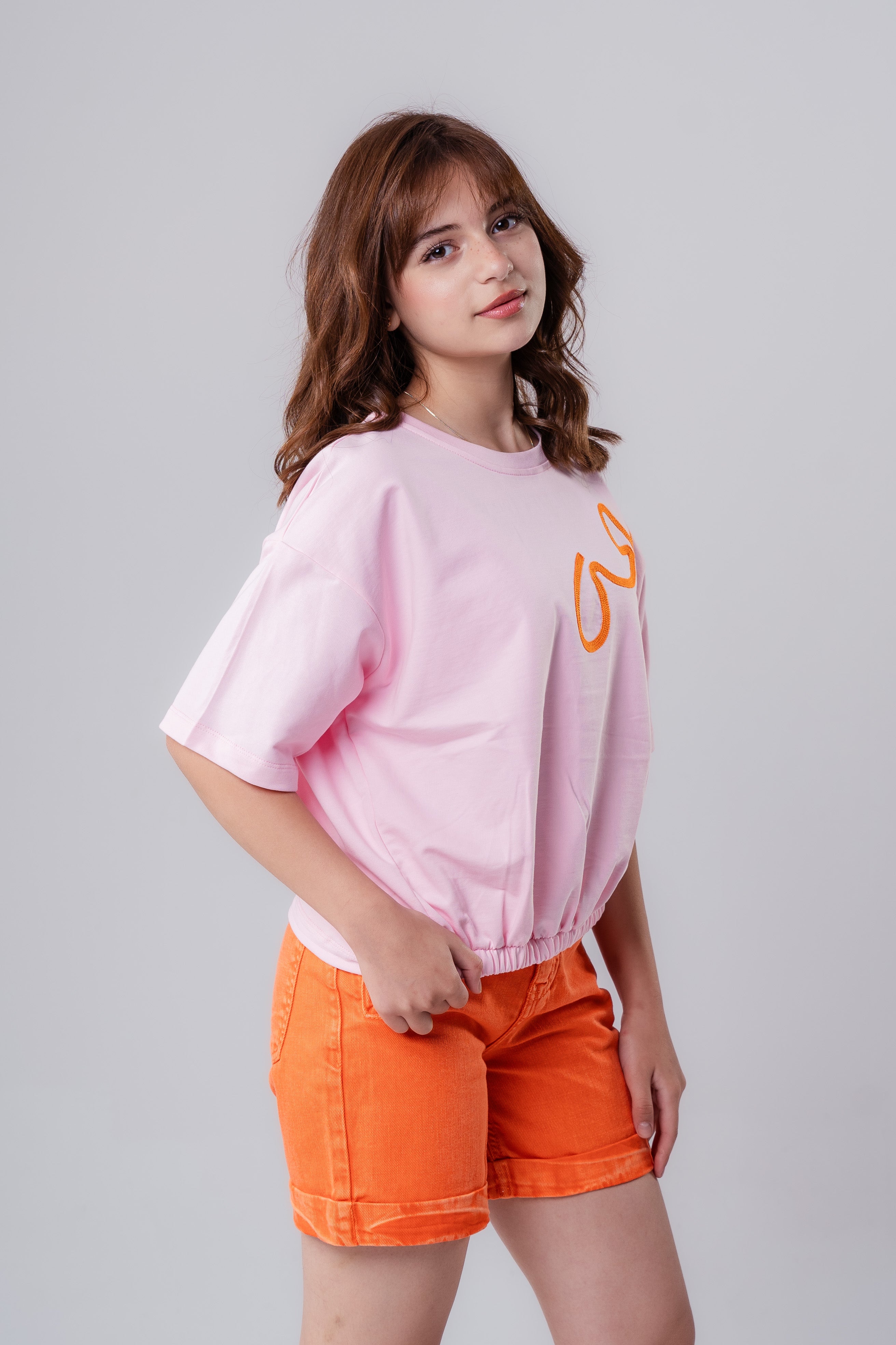 Girls' Short-Sleeve-Style Tee with Orange Embroidered Detail
