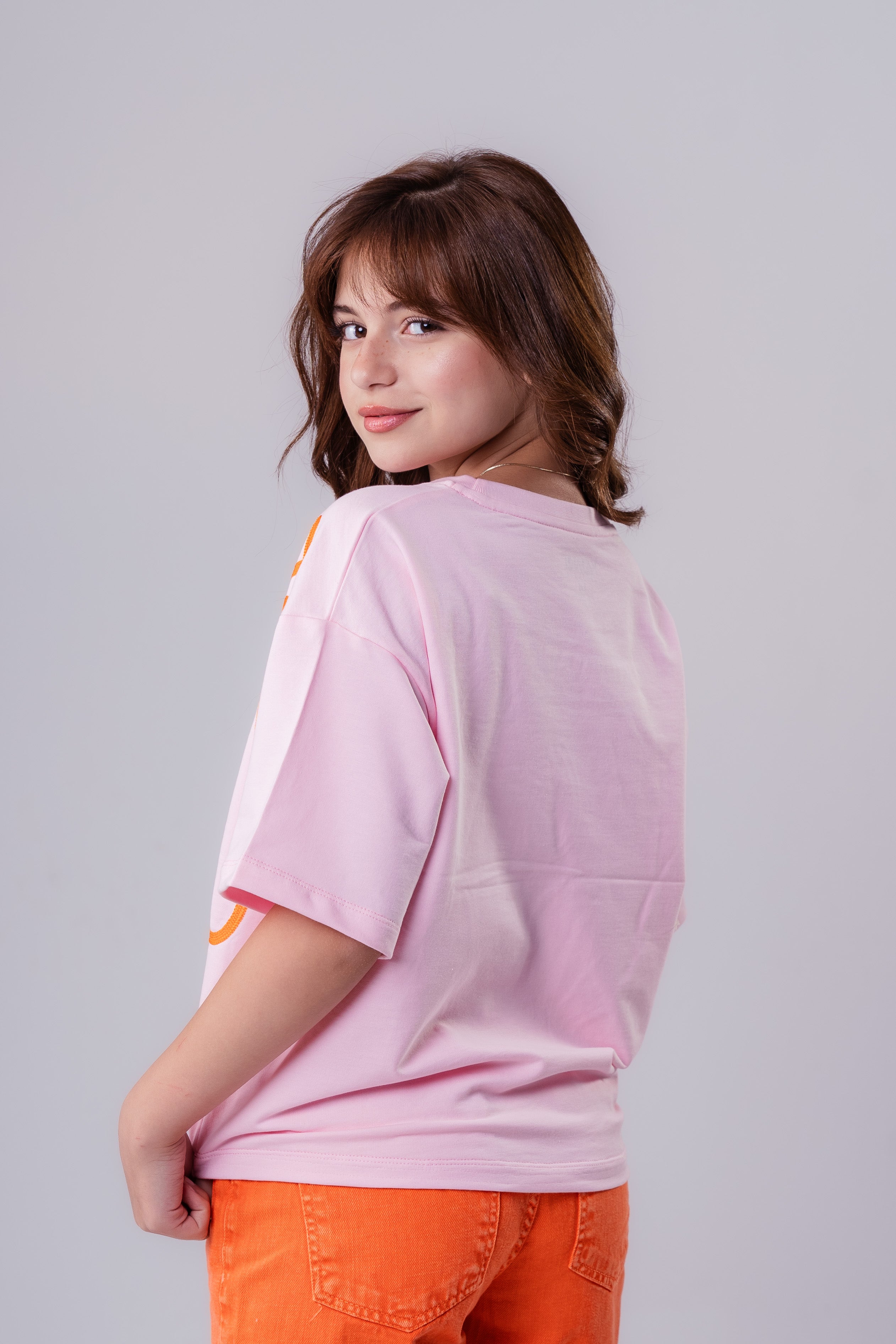 Girls' Short-Sleeve-Style Tee with Orange Embroidered Detail