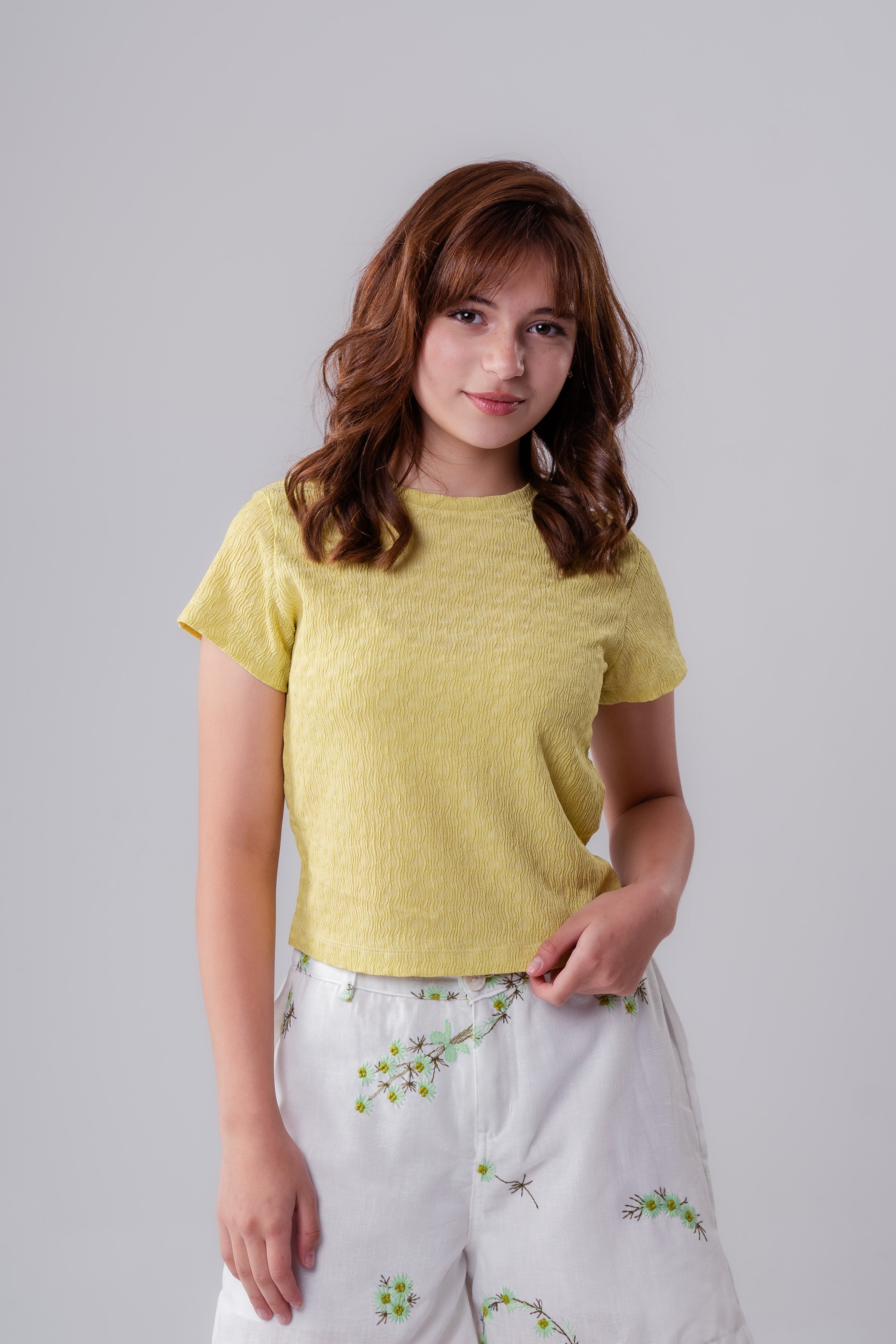 Girls Plain Crepe Top with Round Neck and Short Sleeves