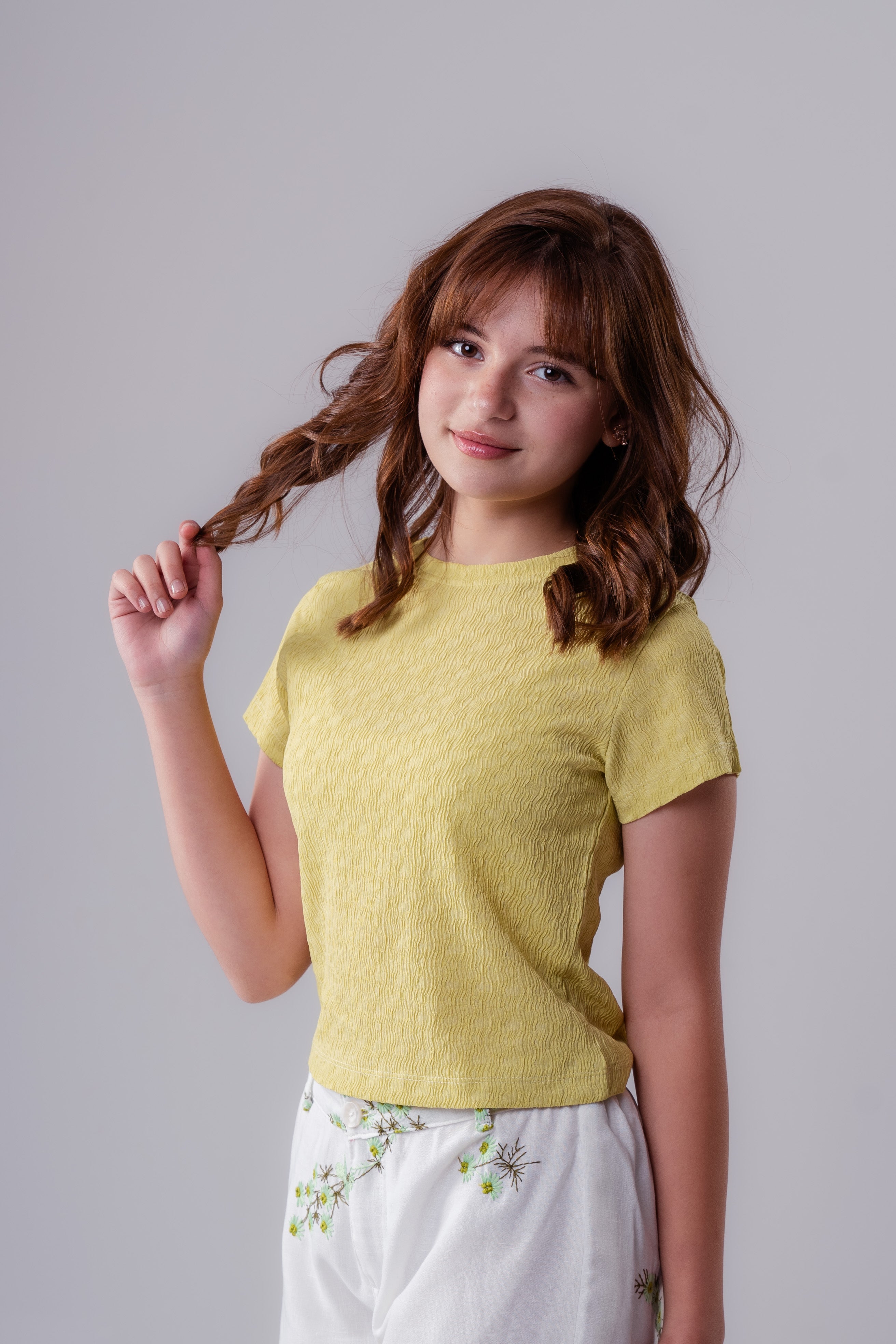 Girls Plain Crepe Top with Round Neck and Short Sleeves