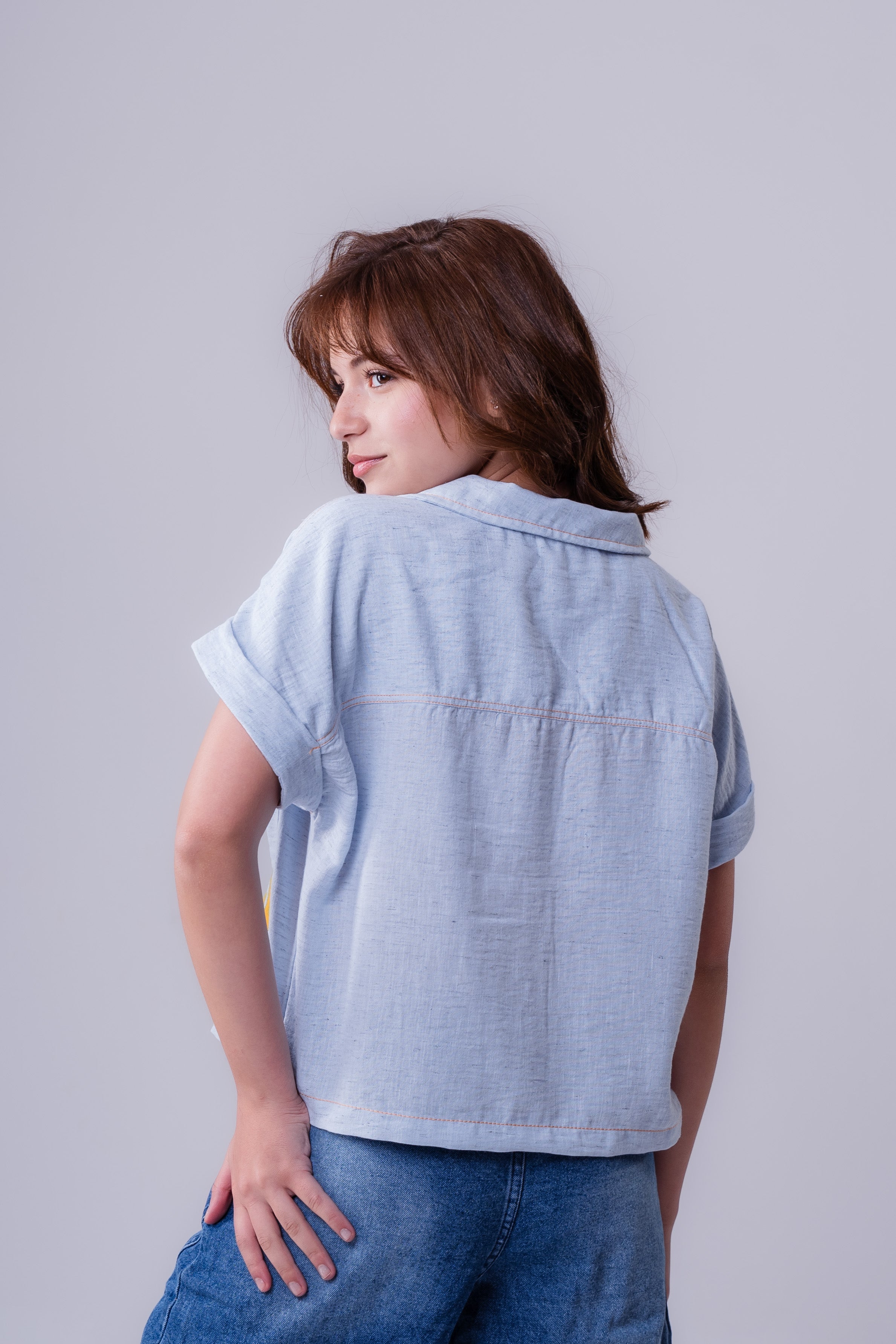 Girls' Short-Sleeve Linen-Style Shirt with Appliqués