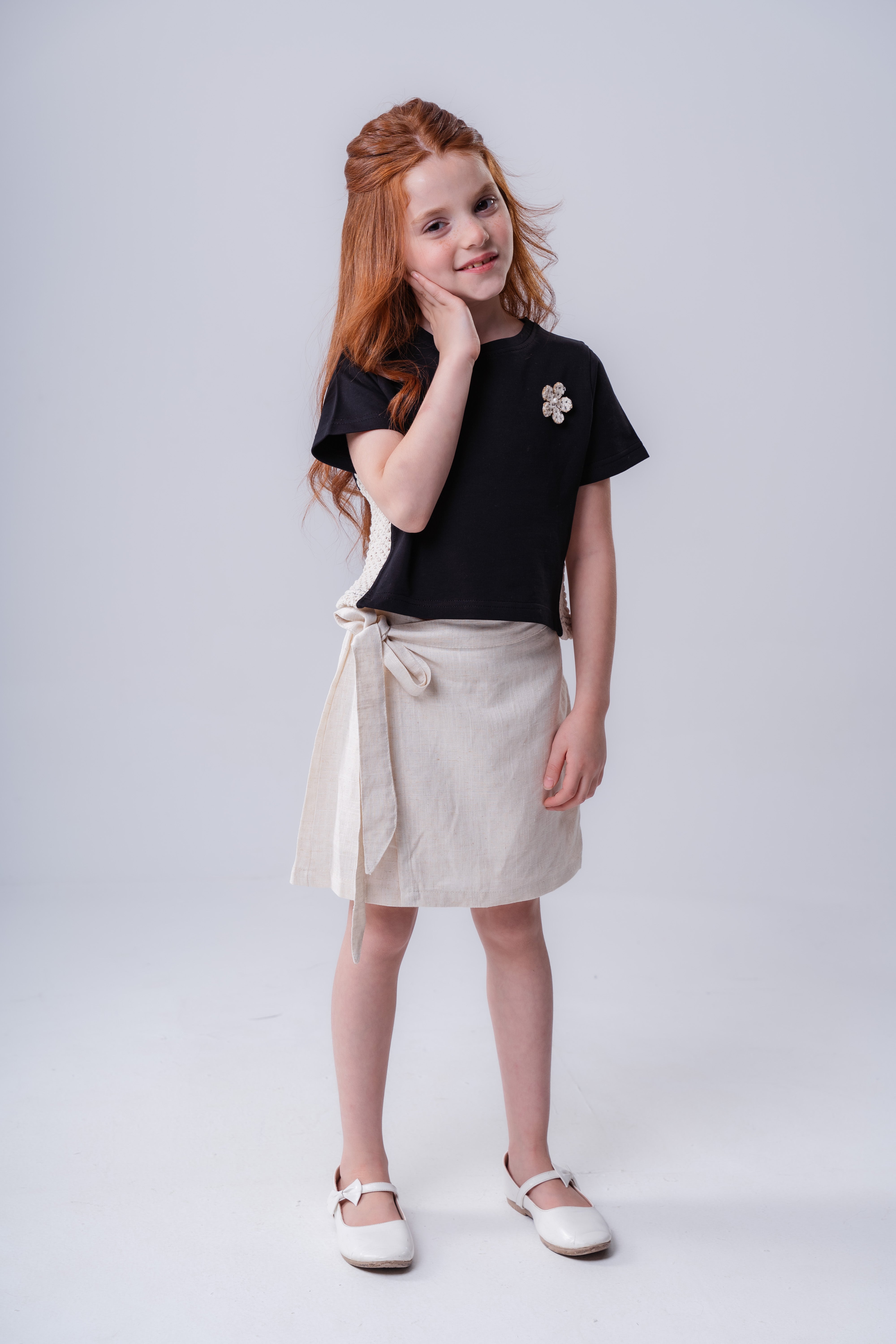 Girls’ Tee with Floral Appliqué and Lace Contrast