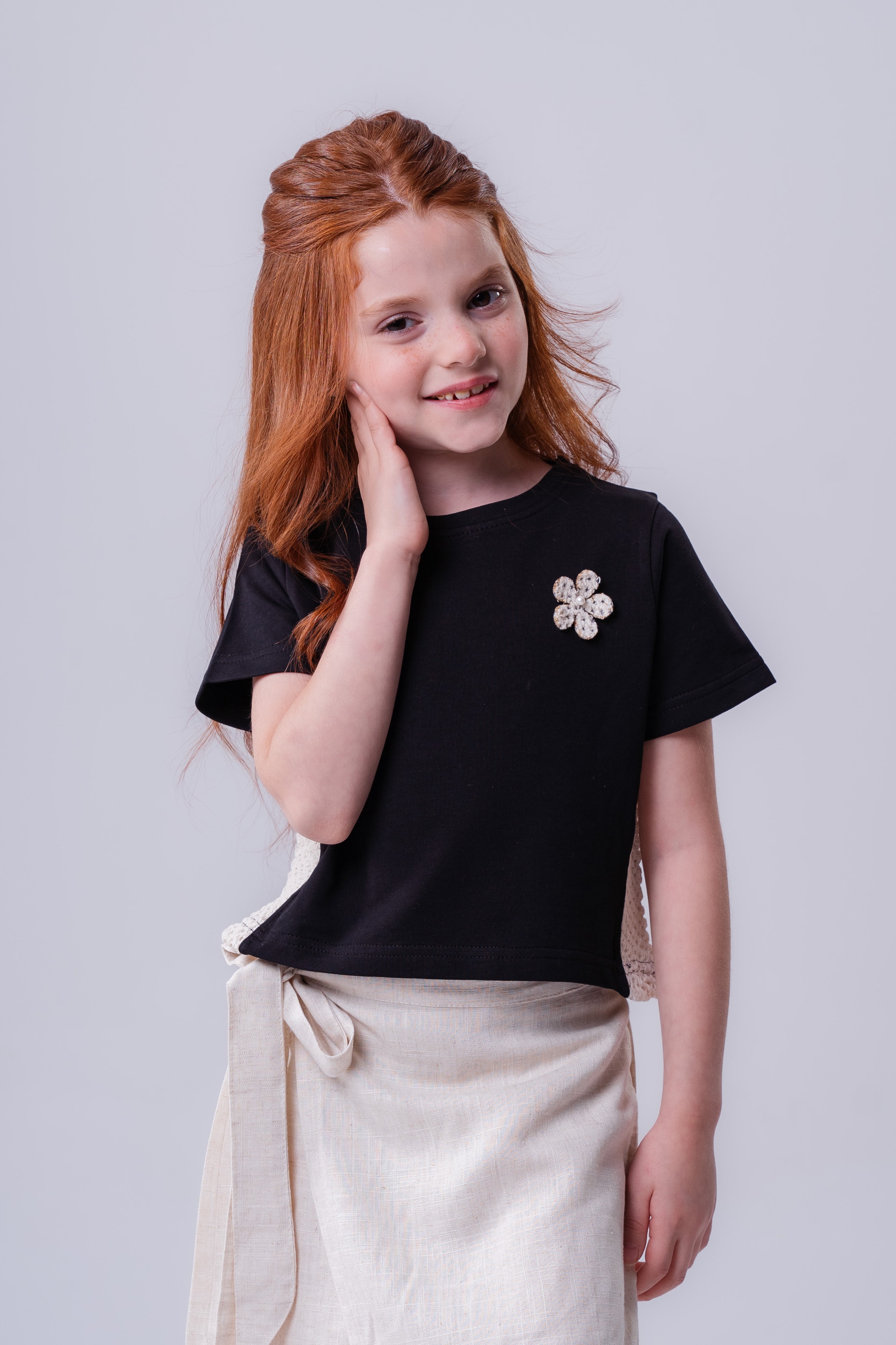 Girls’ Tee with Floral Appliqué and Lace Contrast