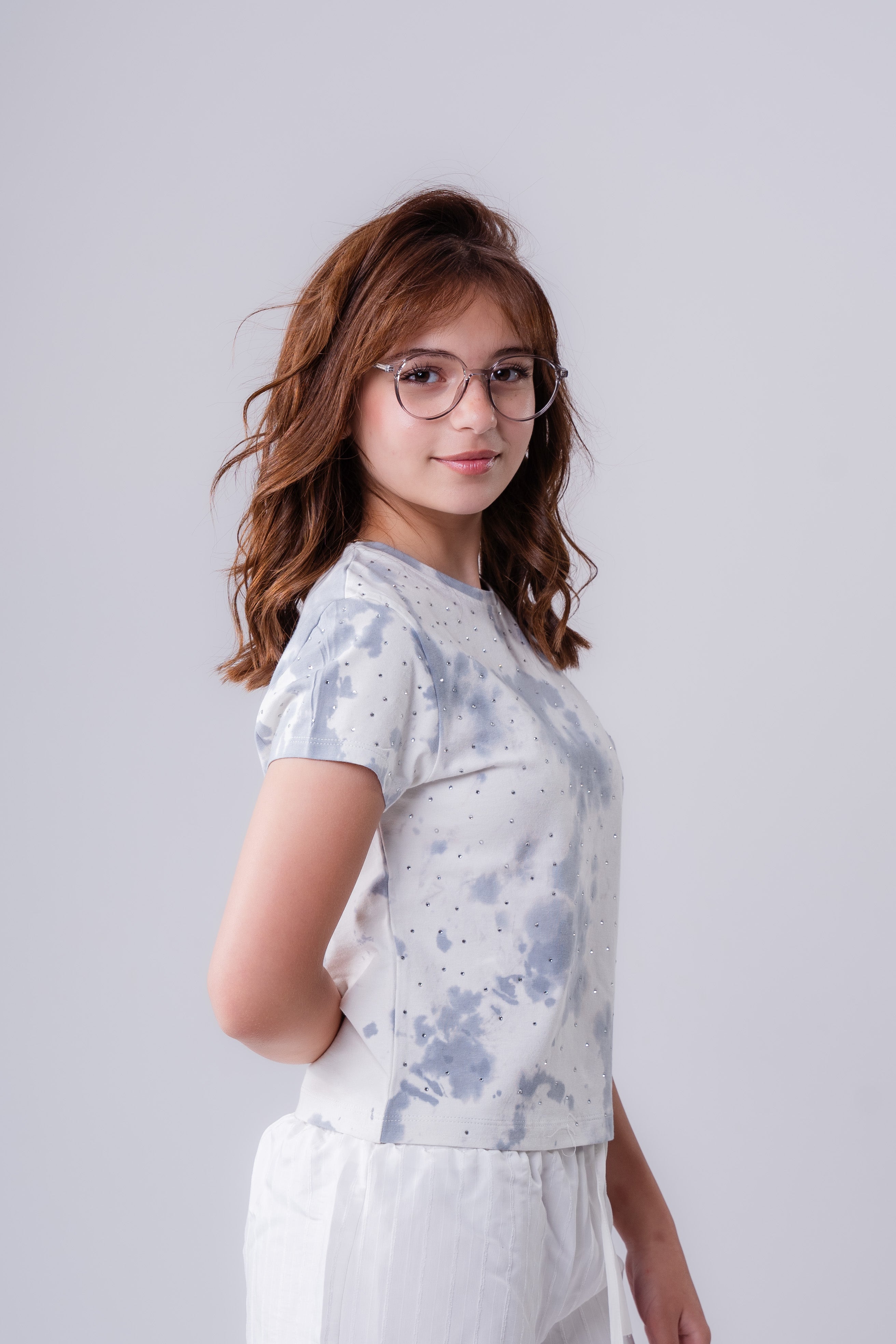 Girls' Lilac Rhinestone Studded Short-Sleeve Top