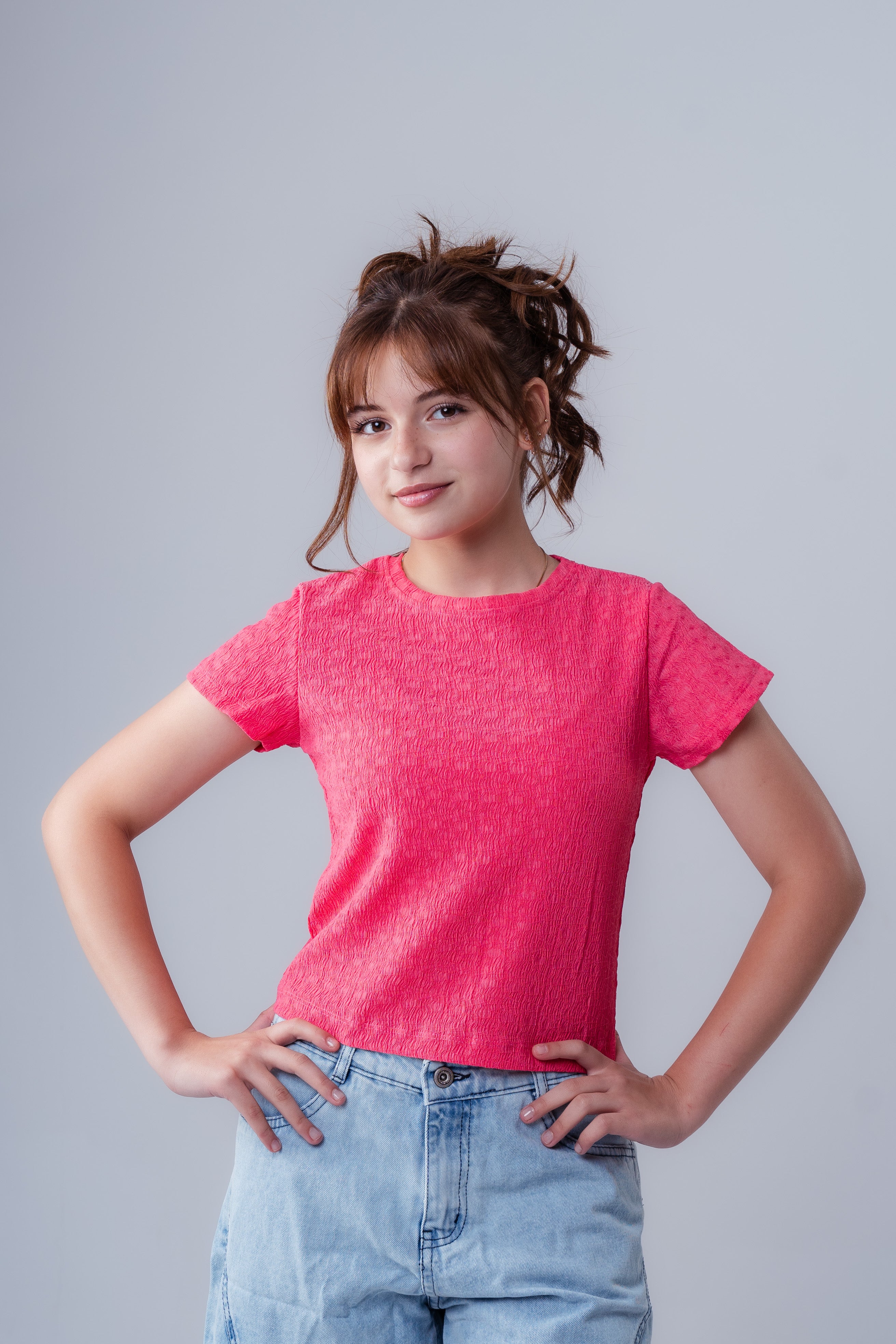 Girls Plain Crepe Top with Round Neck and Short Sleeves