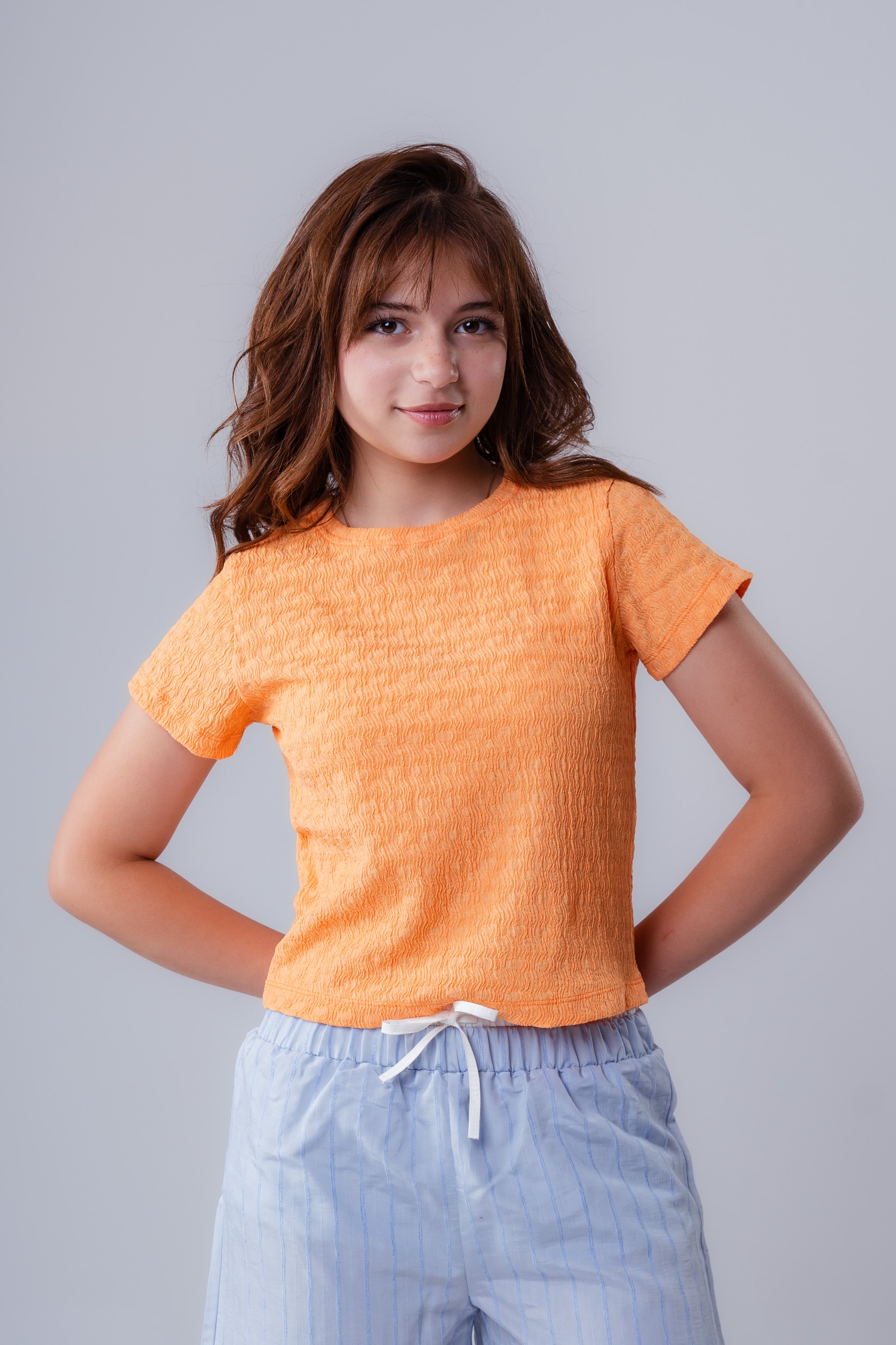 Girls Plain Crepe Top with Round Neck and Short Sleeves