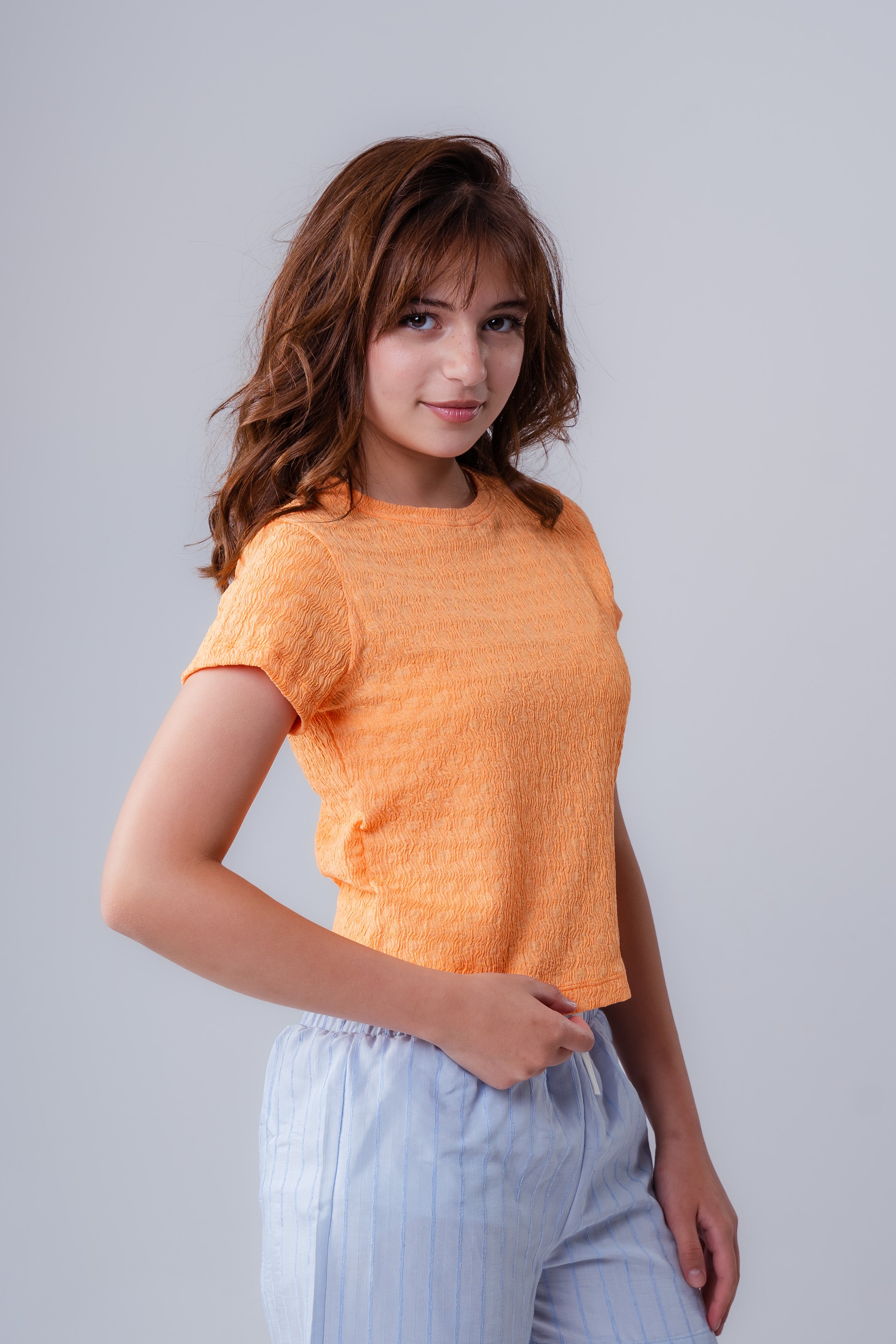 Girls Plain Crepe Top with Round Neck and Short Sleeves