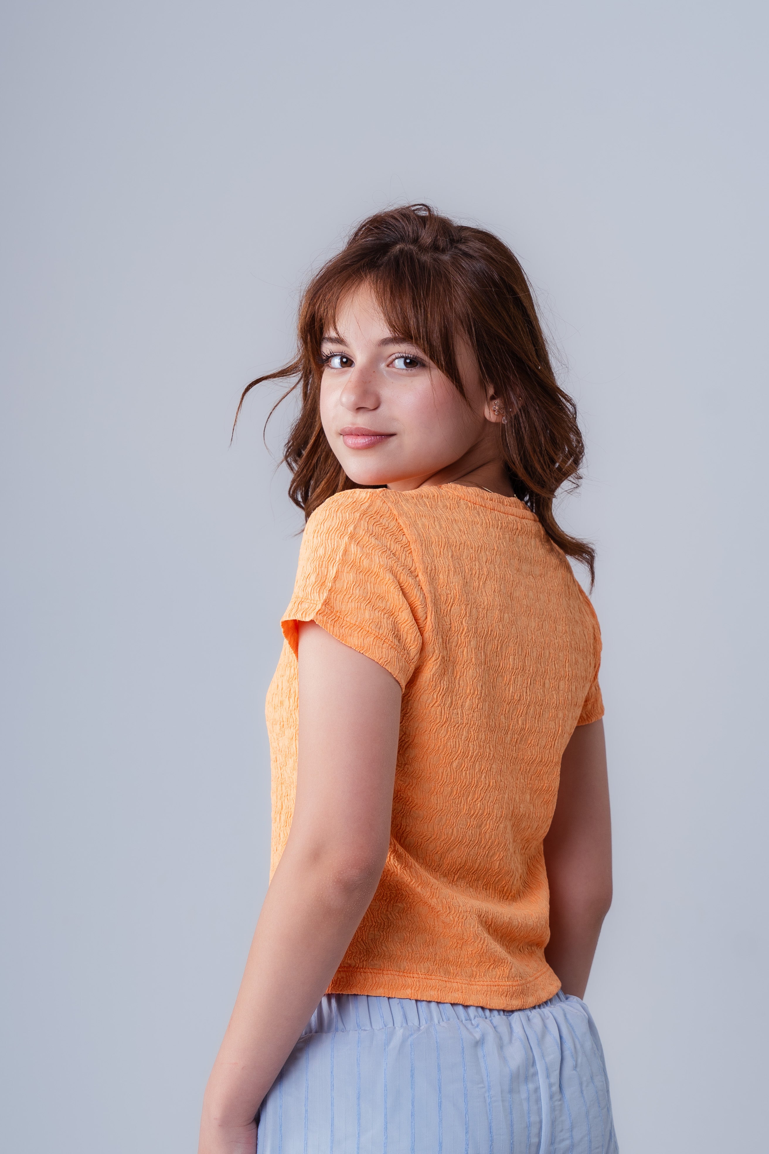 Girls Plain Crepe Top with Round Neck and Short Sleeves