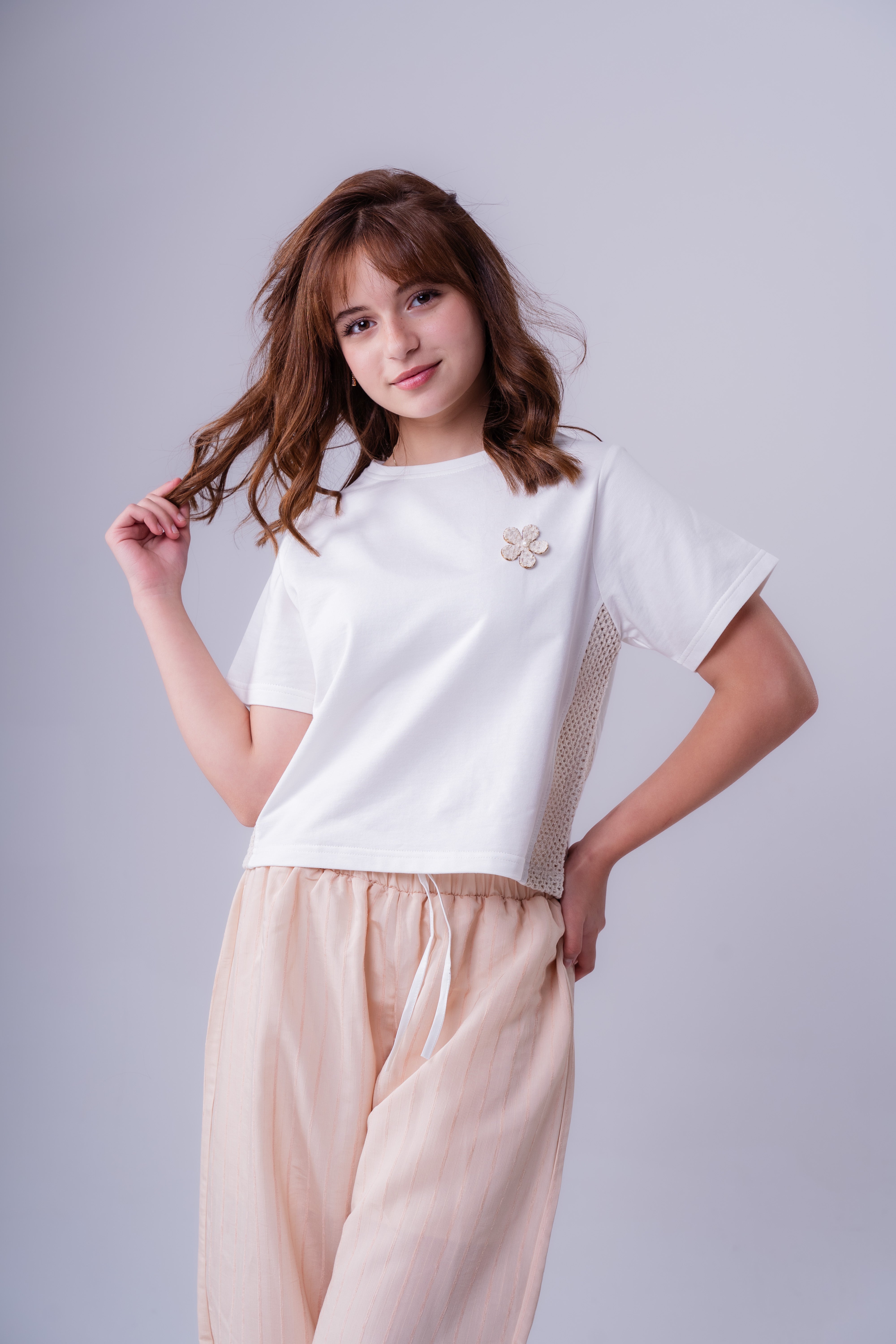 Girls’ Tee with Floral Appliqué and Lace Contrast