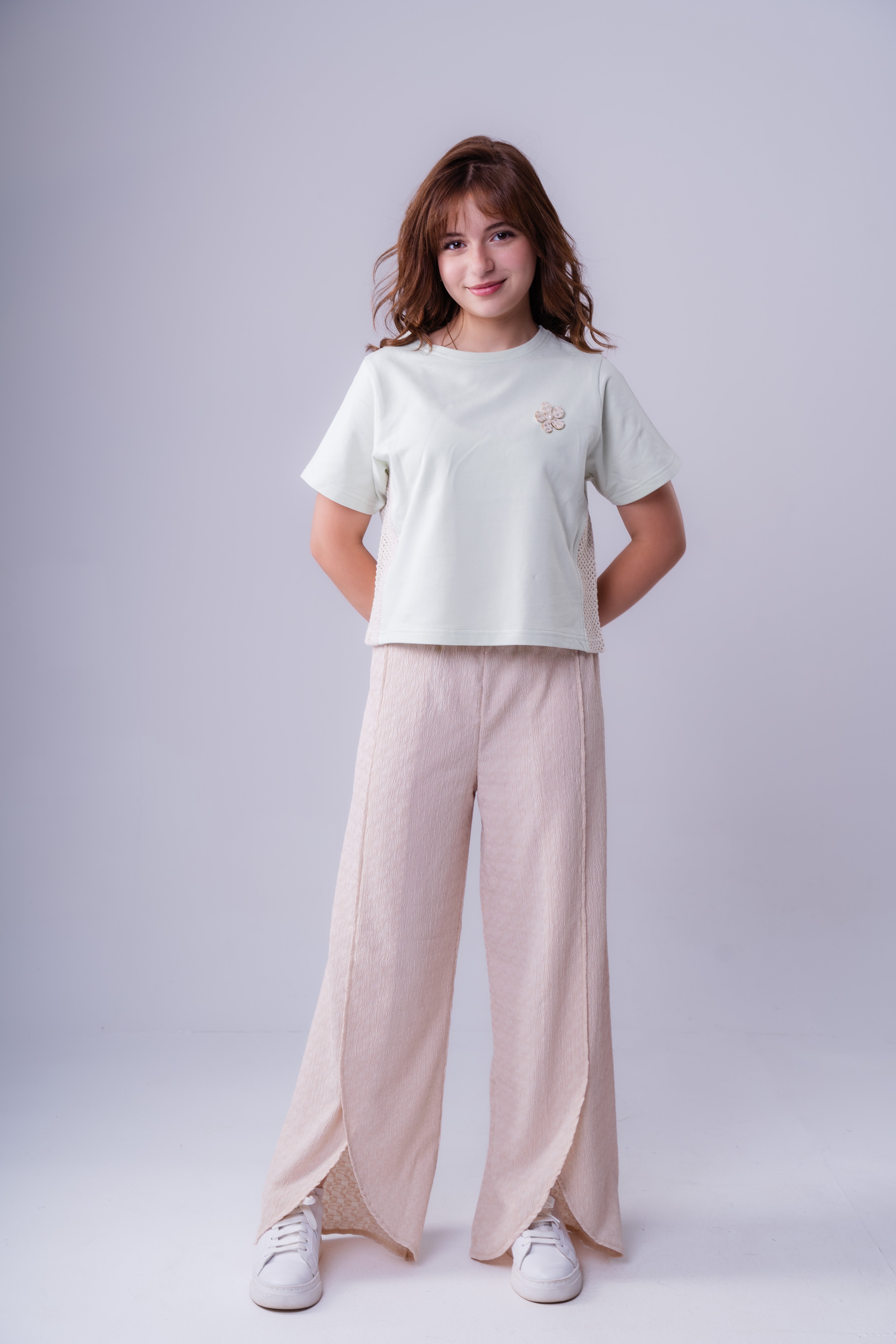 Girls’ Tee with Floral Appliqué and Lace Contrast