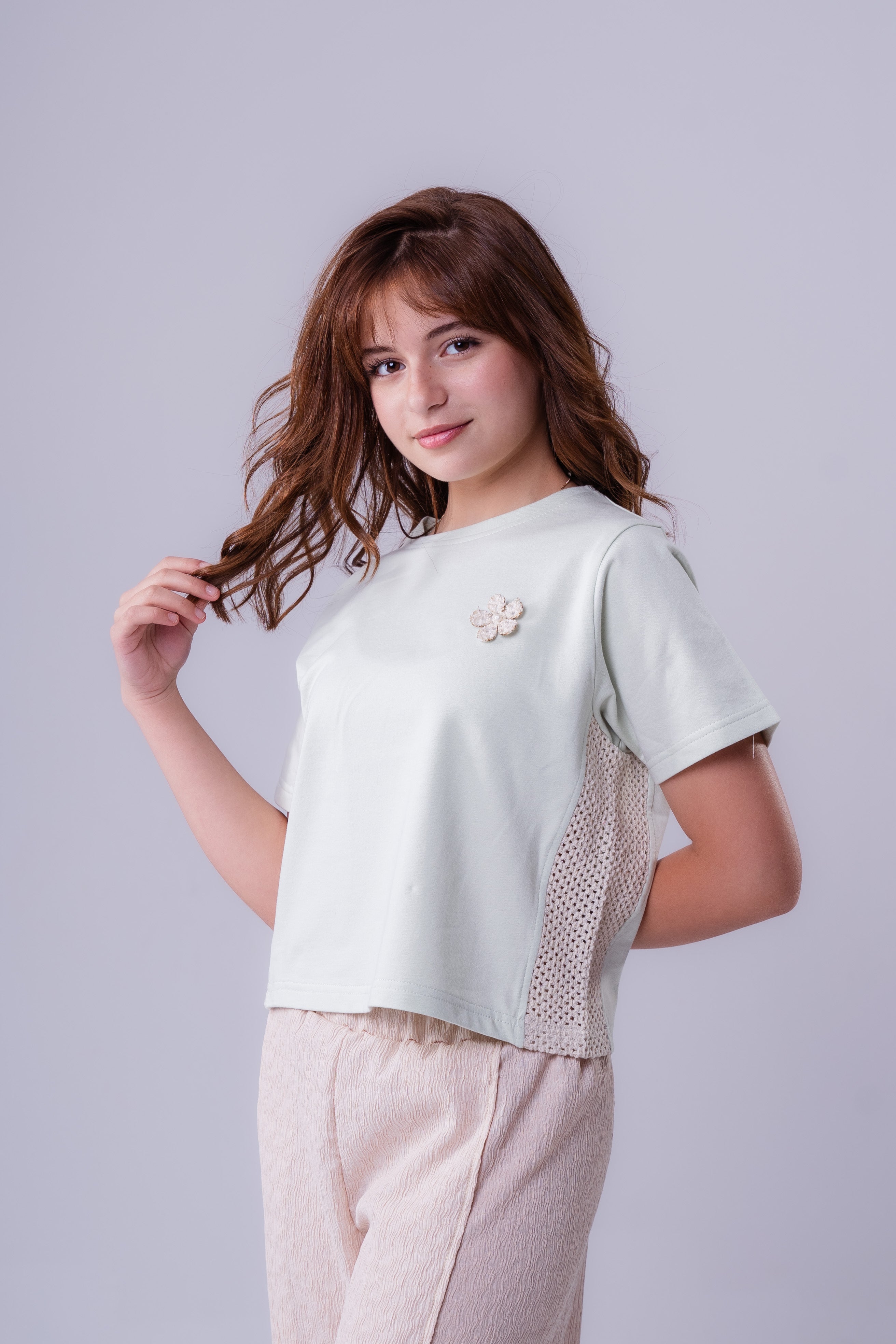 Girls’ Tee with Floral Appliqué and Lace Contrast
