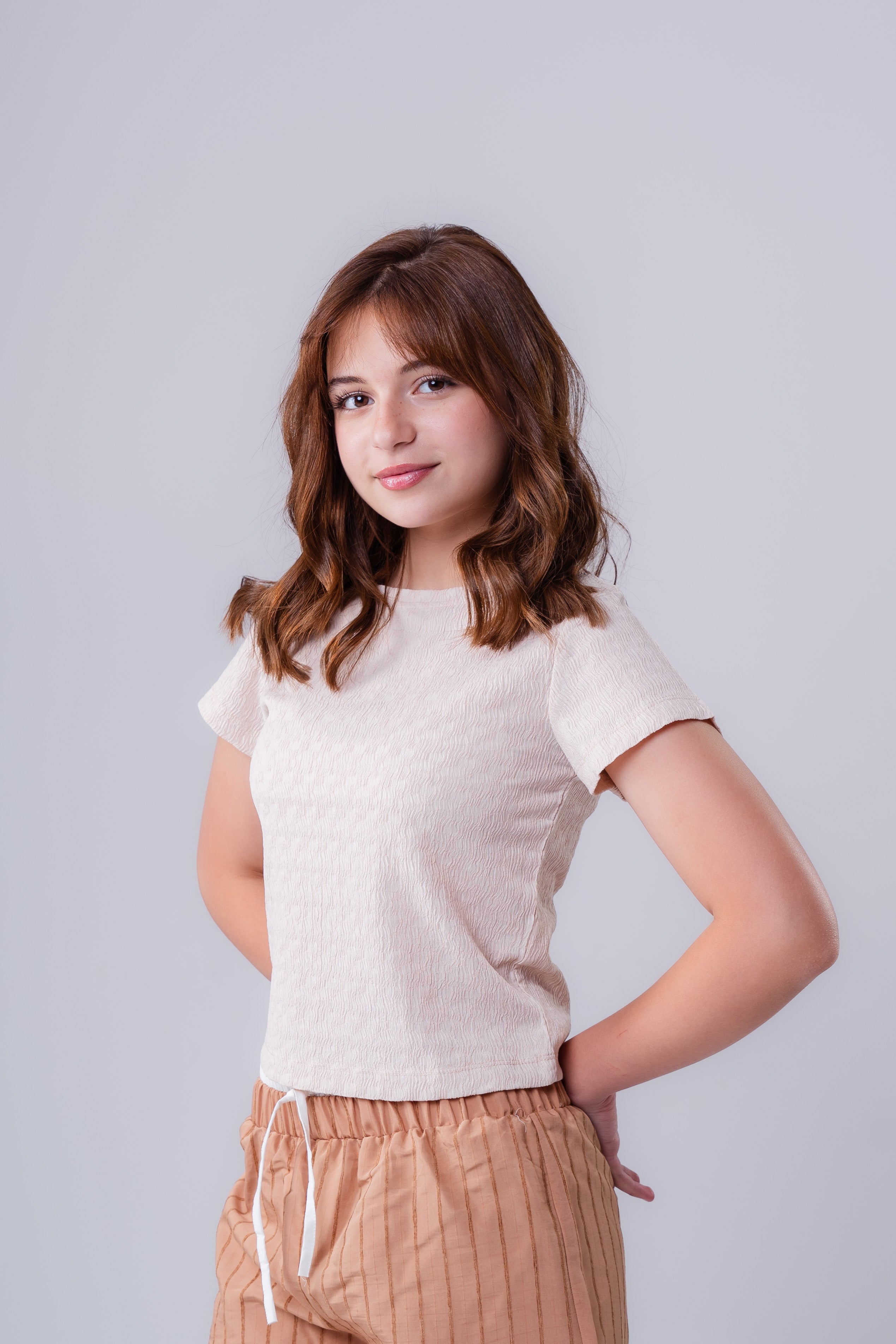 Girls Plain Crepe Top with Round Neck and Short Sleeves