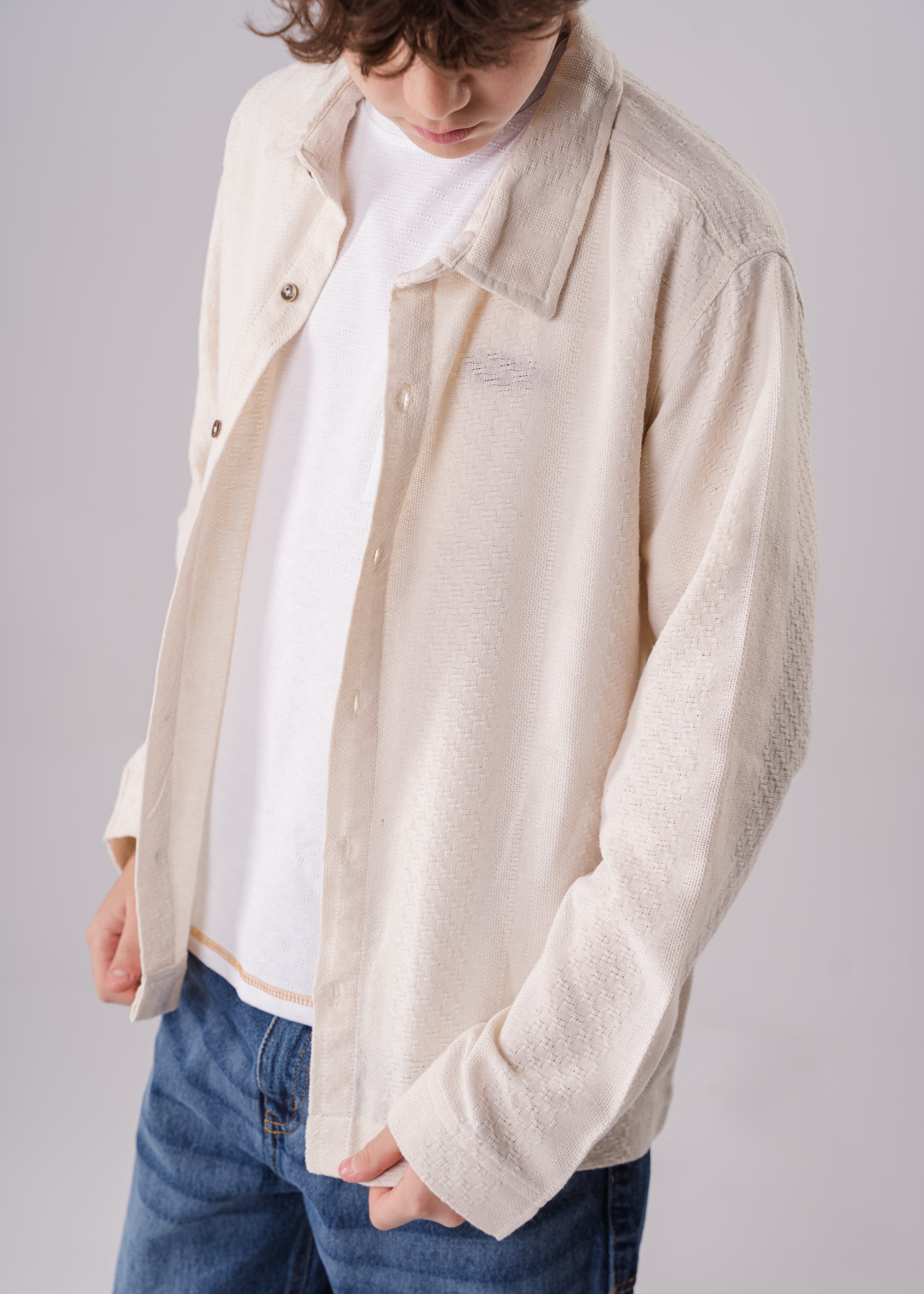 Boys Long Sleeve Beige Textured Shirt