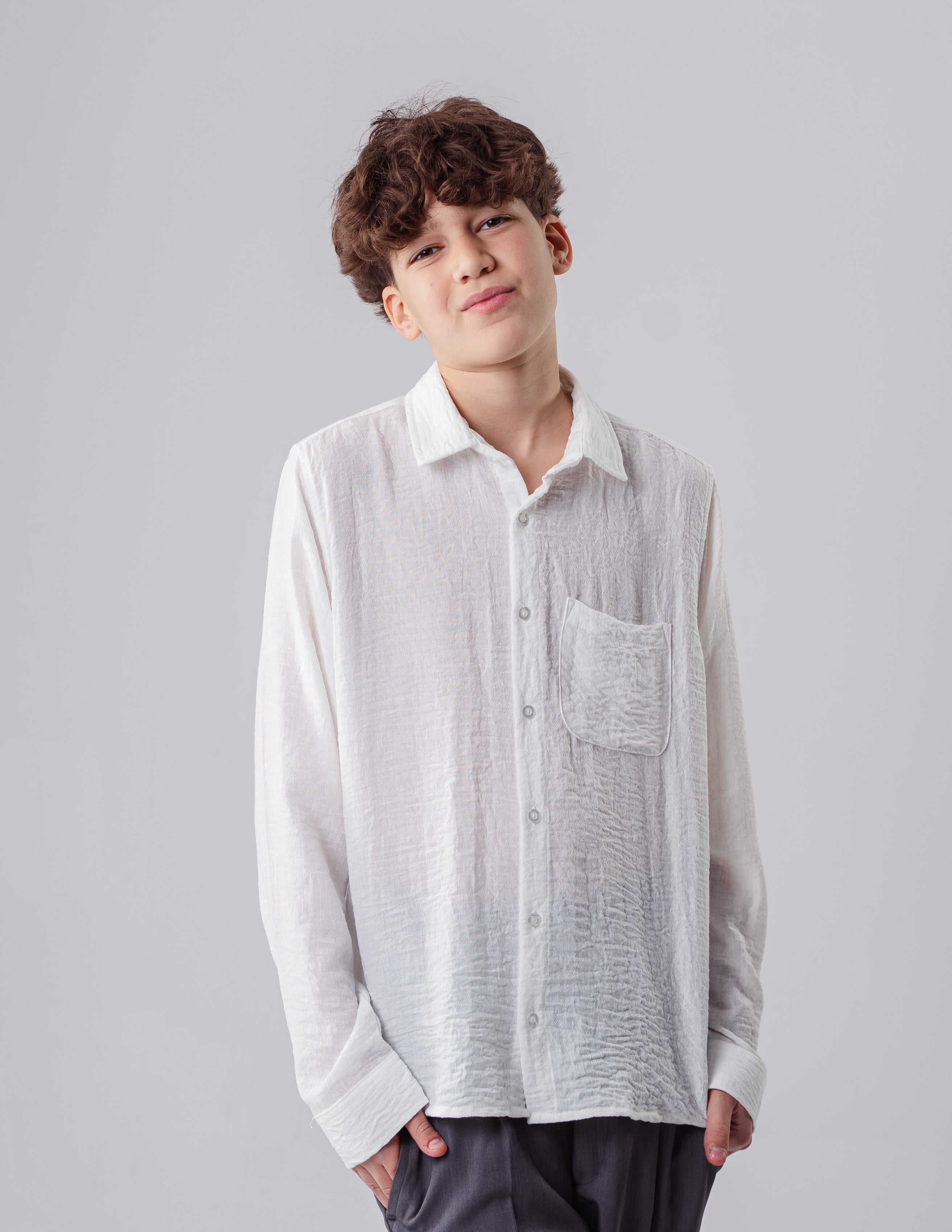 Boys Long Sleeve White Textured Shirt With Pocket