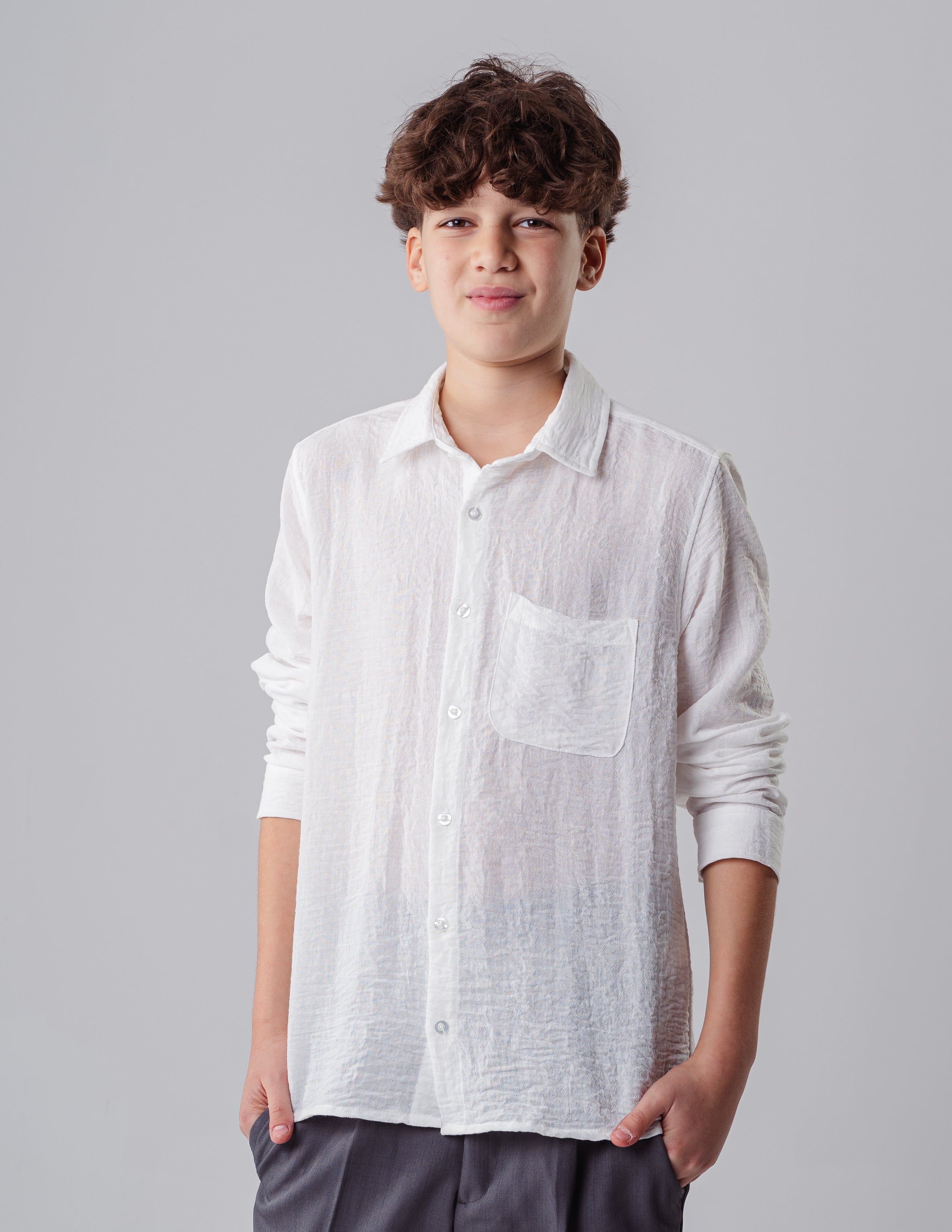 Boys Long Sleeve White Textured Shirt With Pocket