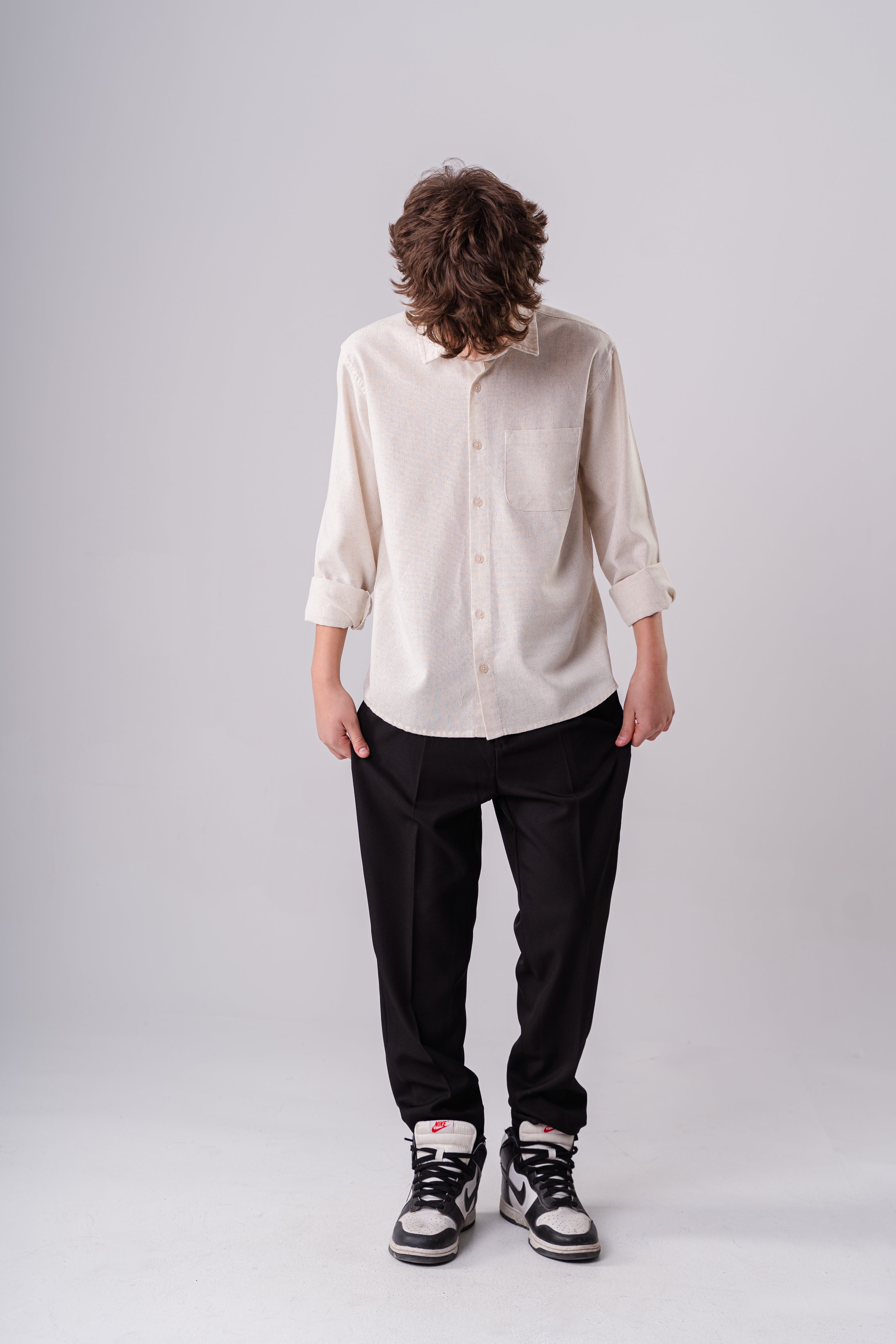 Boys Long Sleeve Light Beige Textured Shirt With Pocket