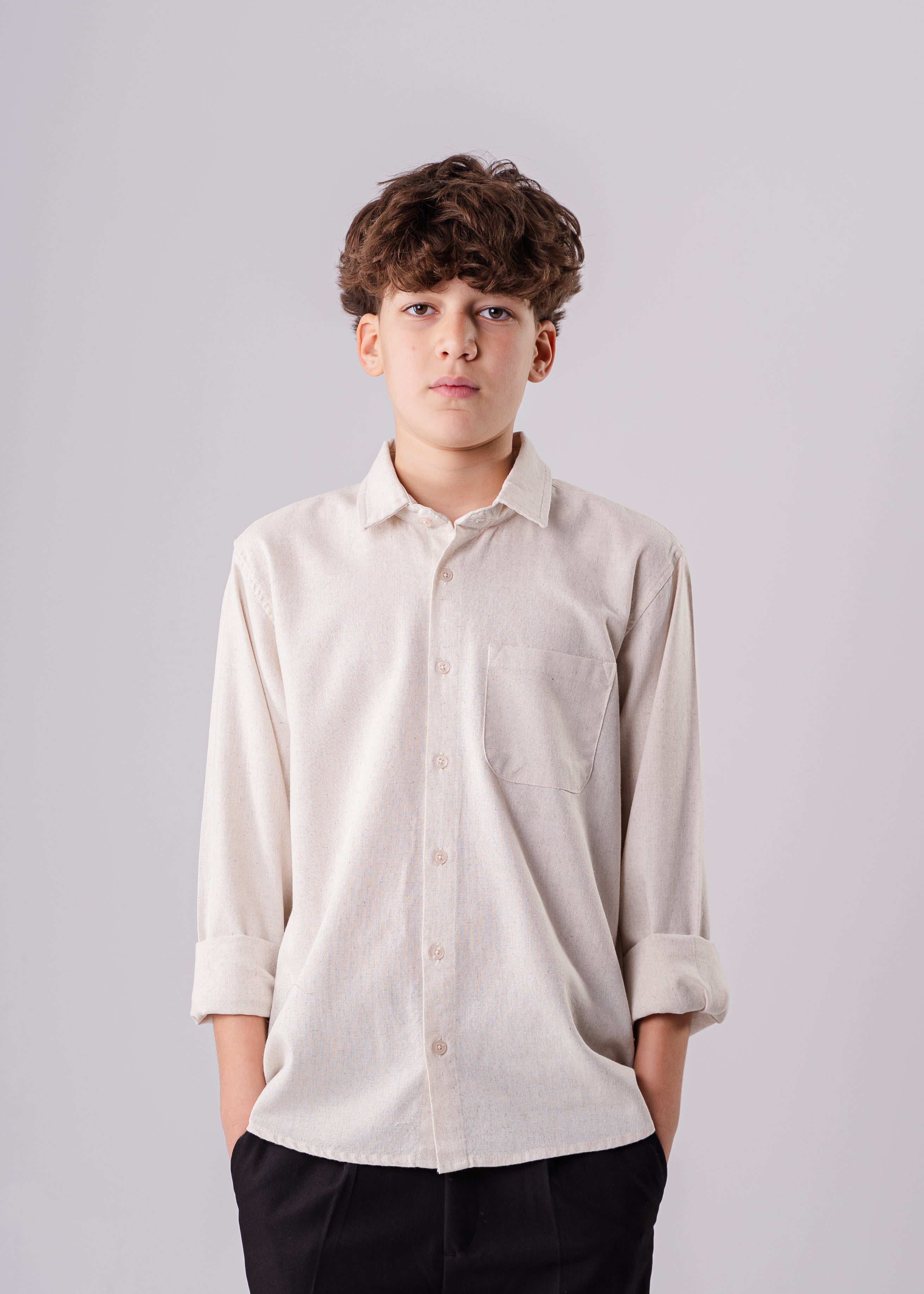 Boys Long Sleeve Light Beige Textured Shirt With Pocket