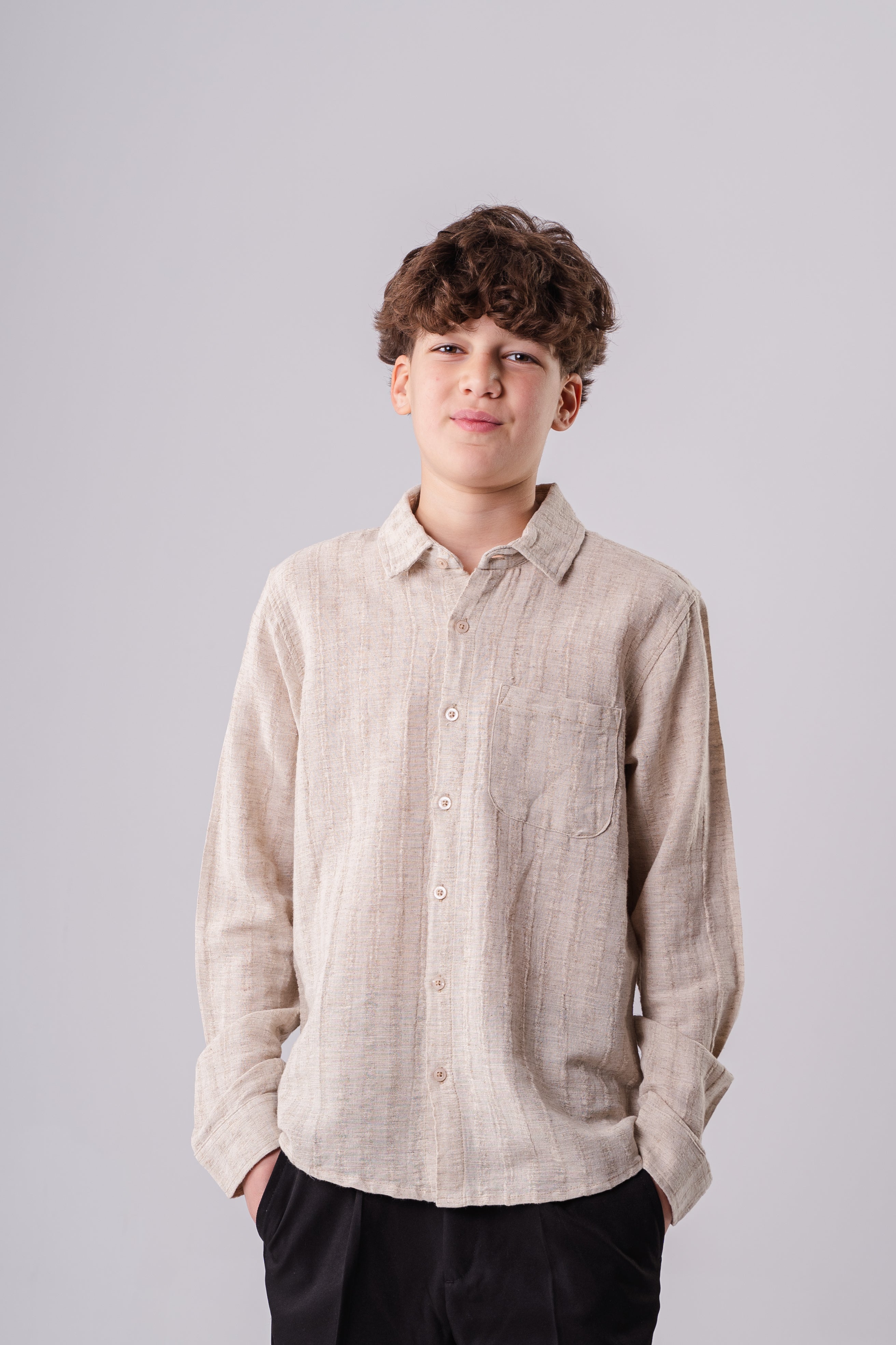 Boys Long Sleeve Beige Textured Shirt With Pocket