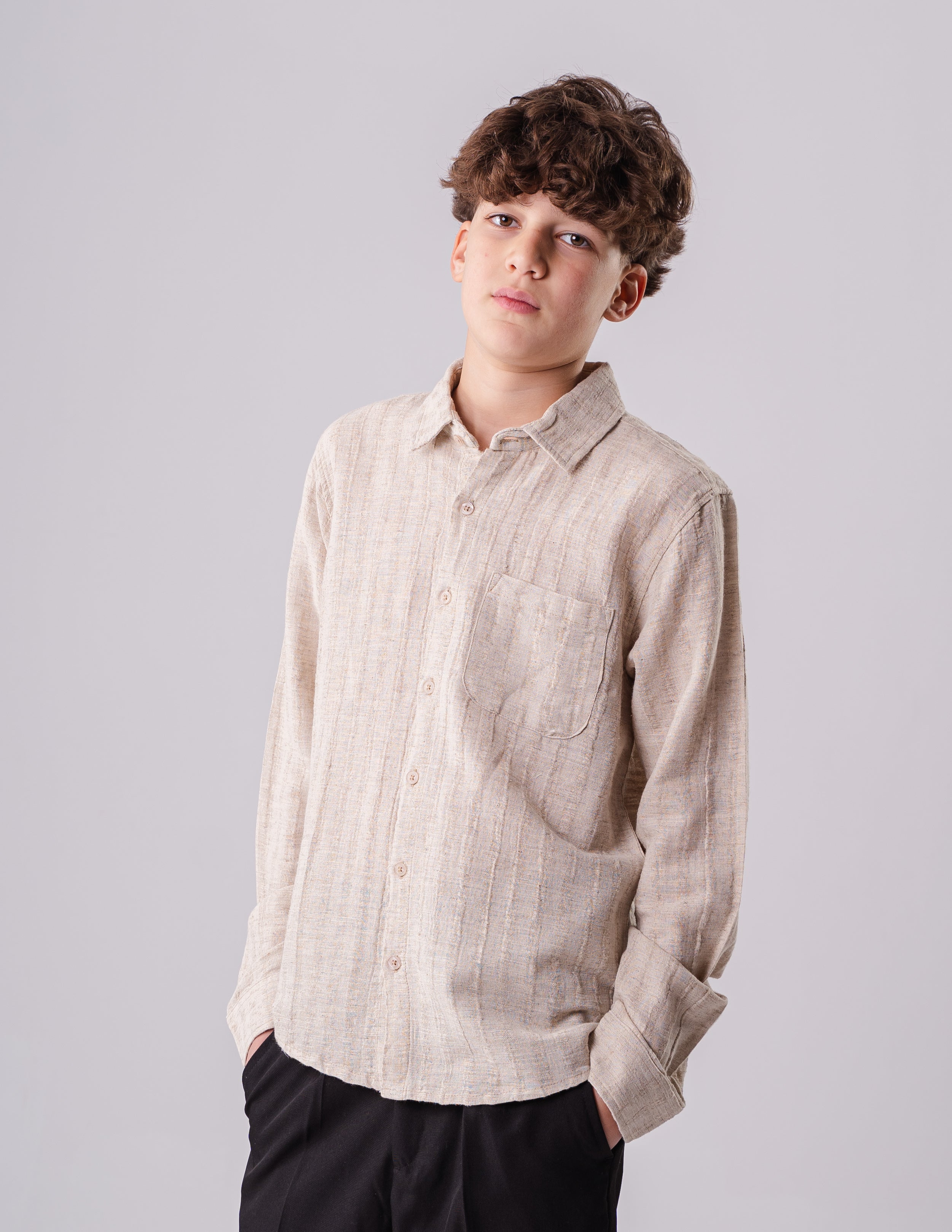 Boys Long Sleeve Beige Textured Shirt With Pocket