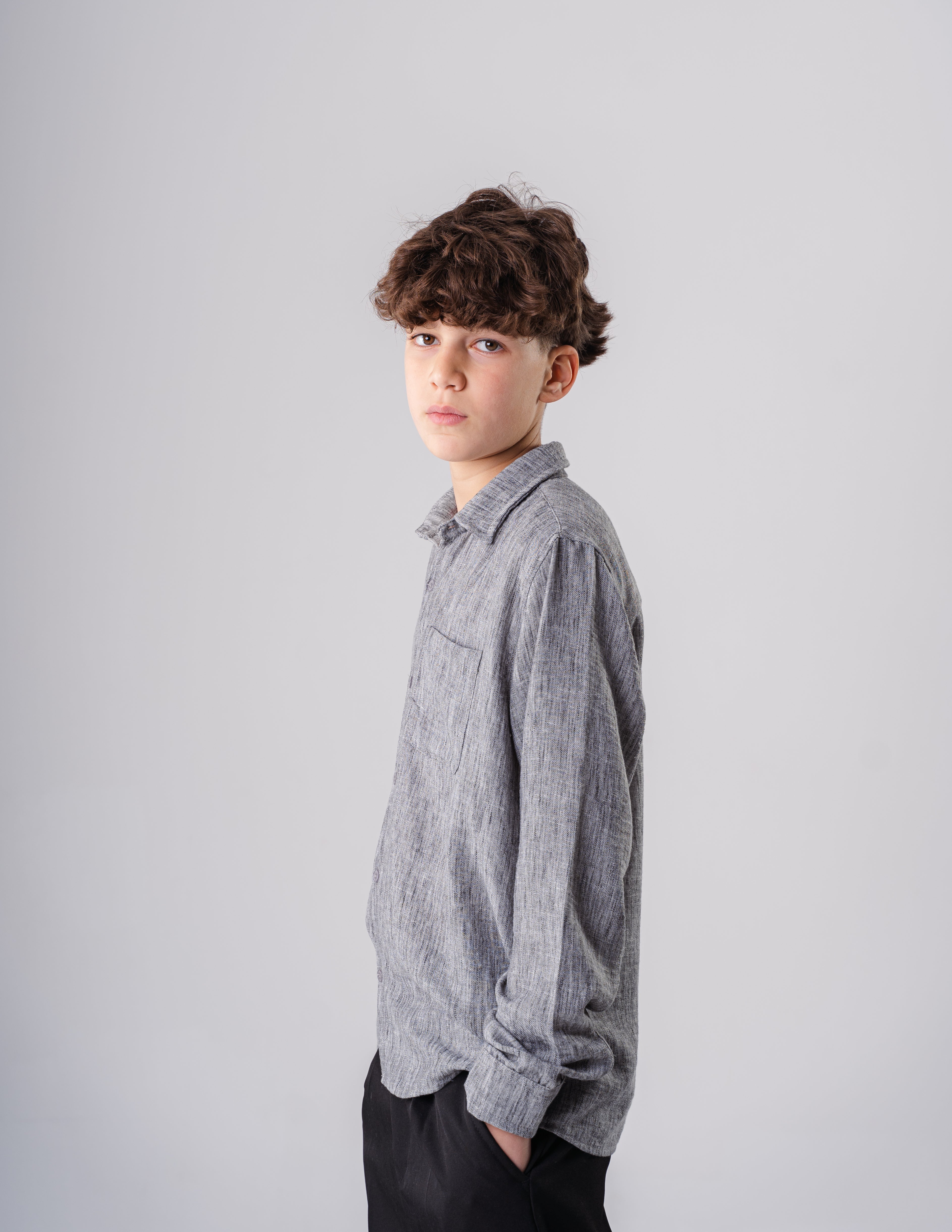 Boys Long Sleeve Dark Gray Textured Shirt With Pocket