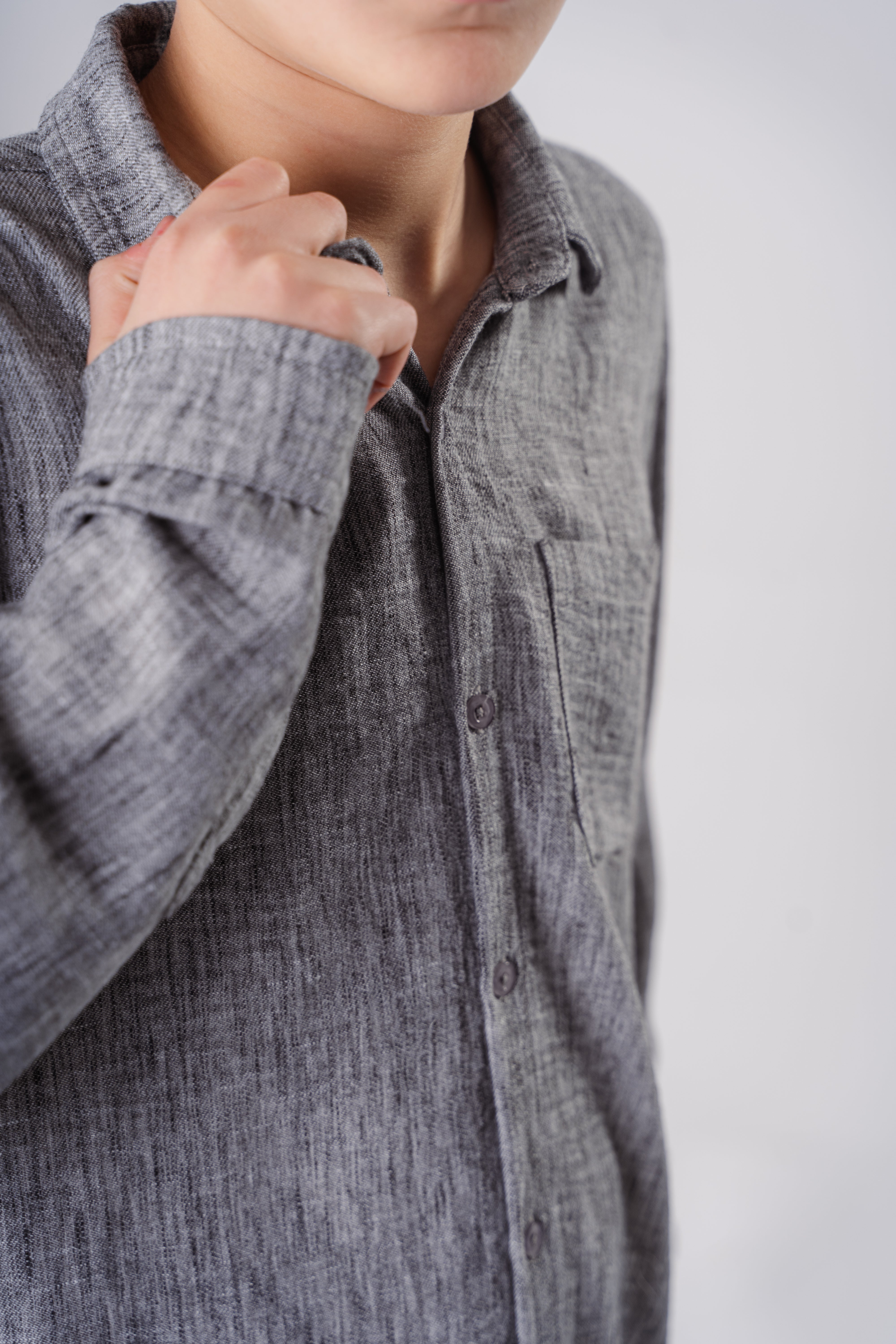 Boys Long Sleeve Dark Gray Textured Shirt With Pocket