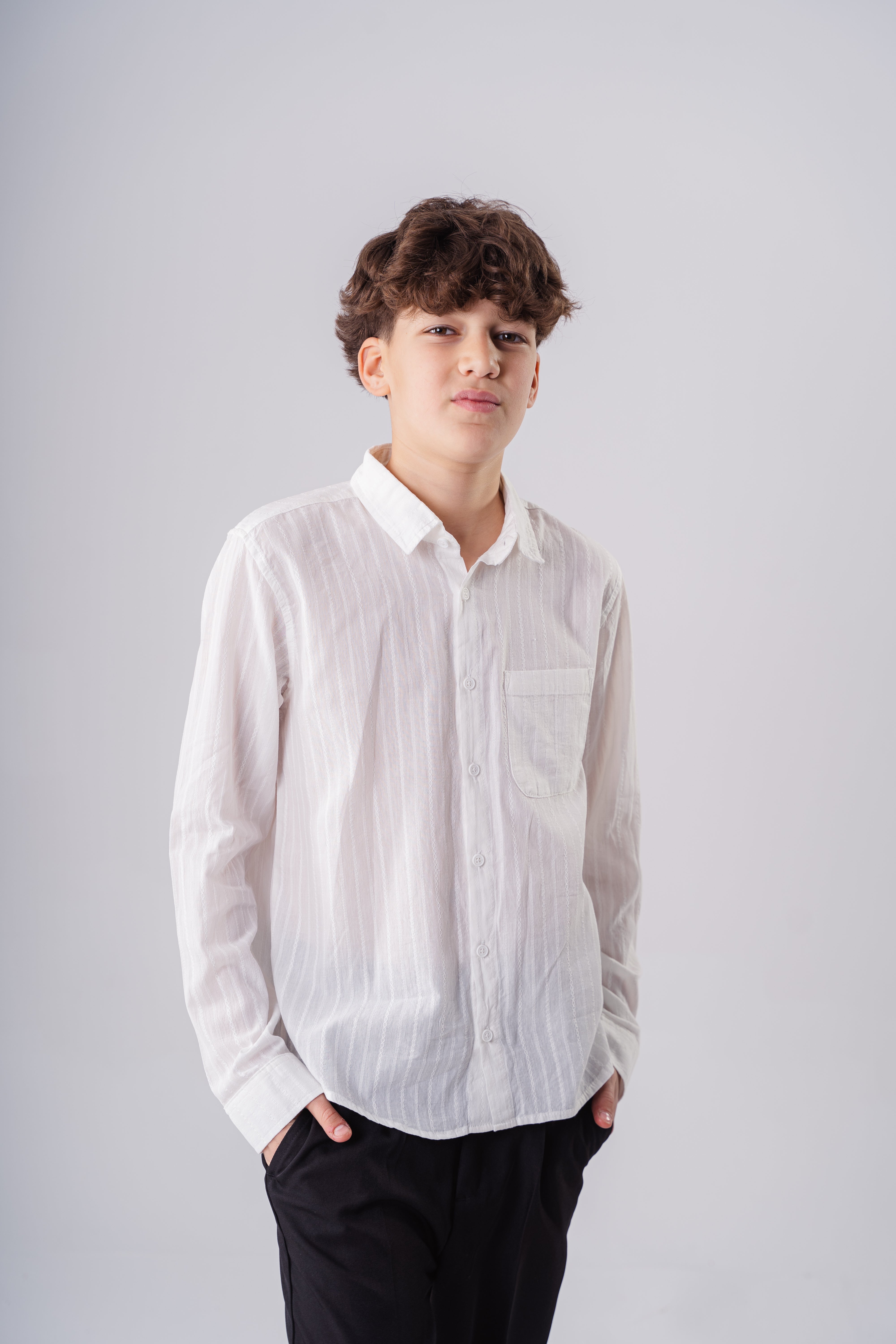 Boys Long Sleeve Off-White Textured Shirt With Pocket