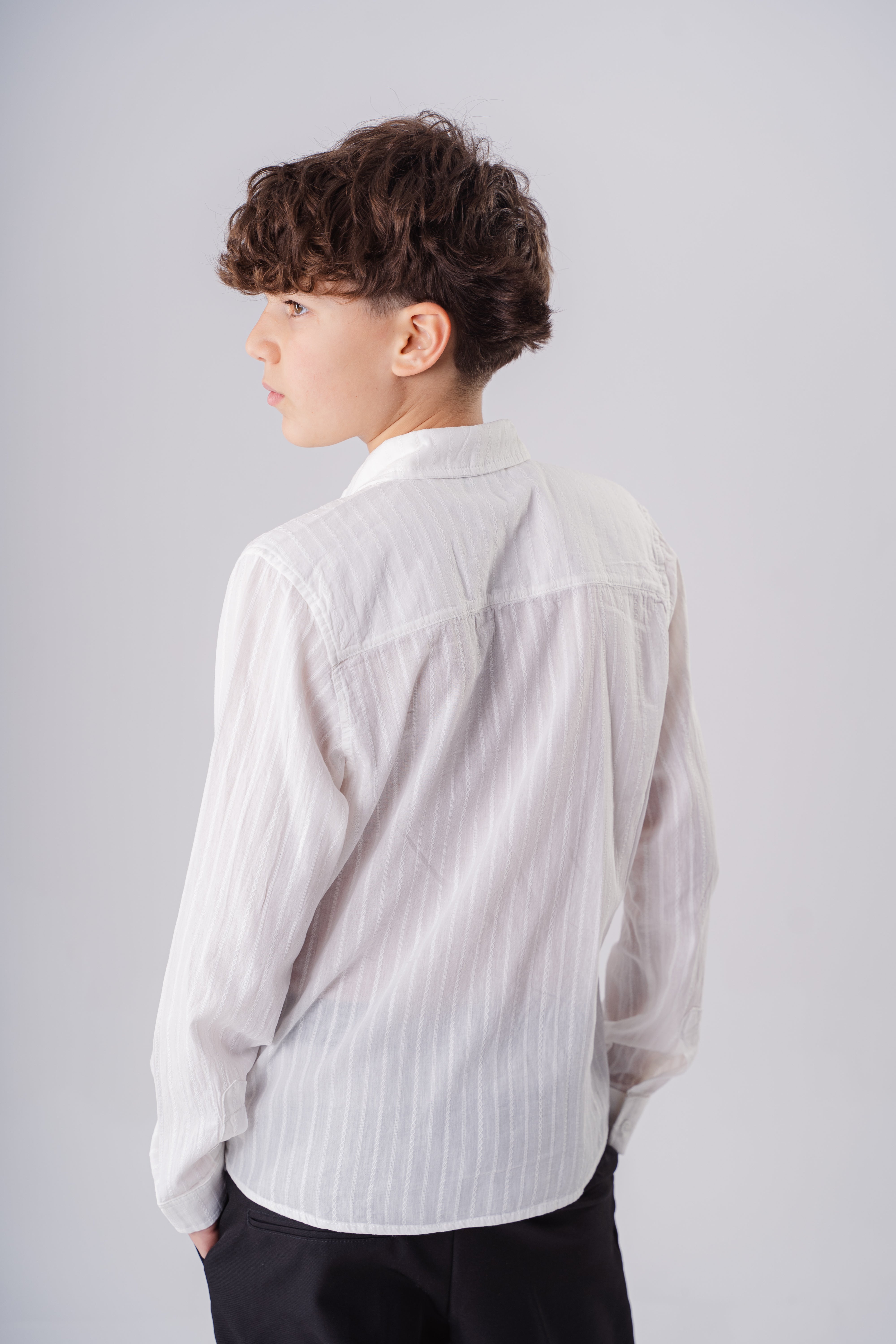 Boys Long Sleeve Off-White Textured Shirt With Pocket