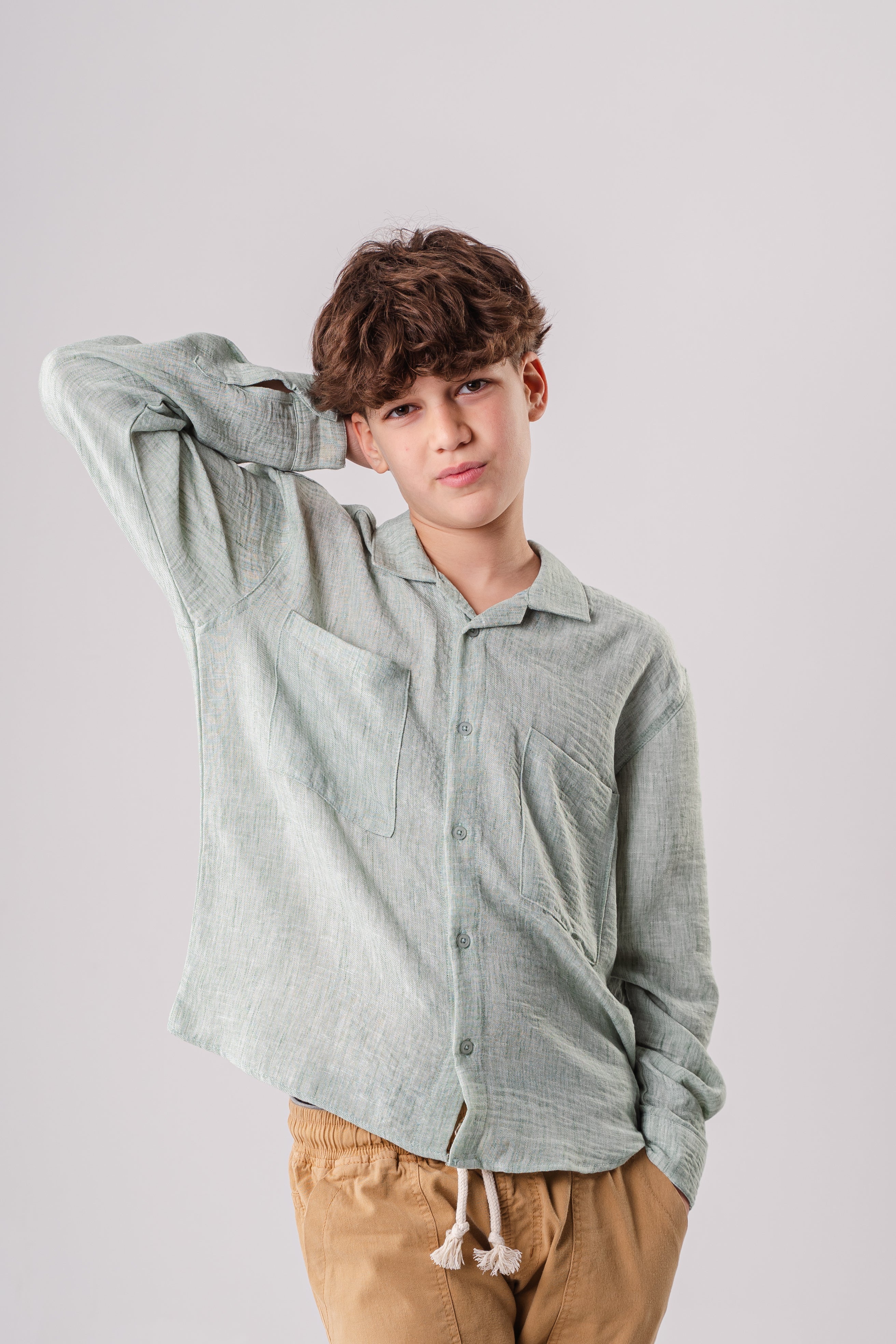 Boys Long Sleeve Textured Shirt With Pockets