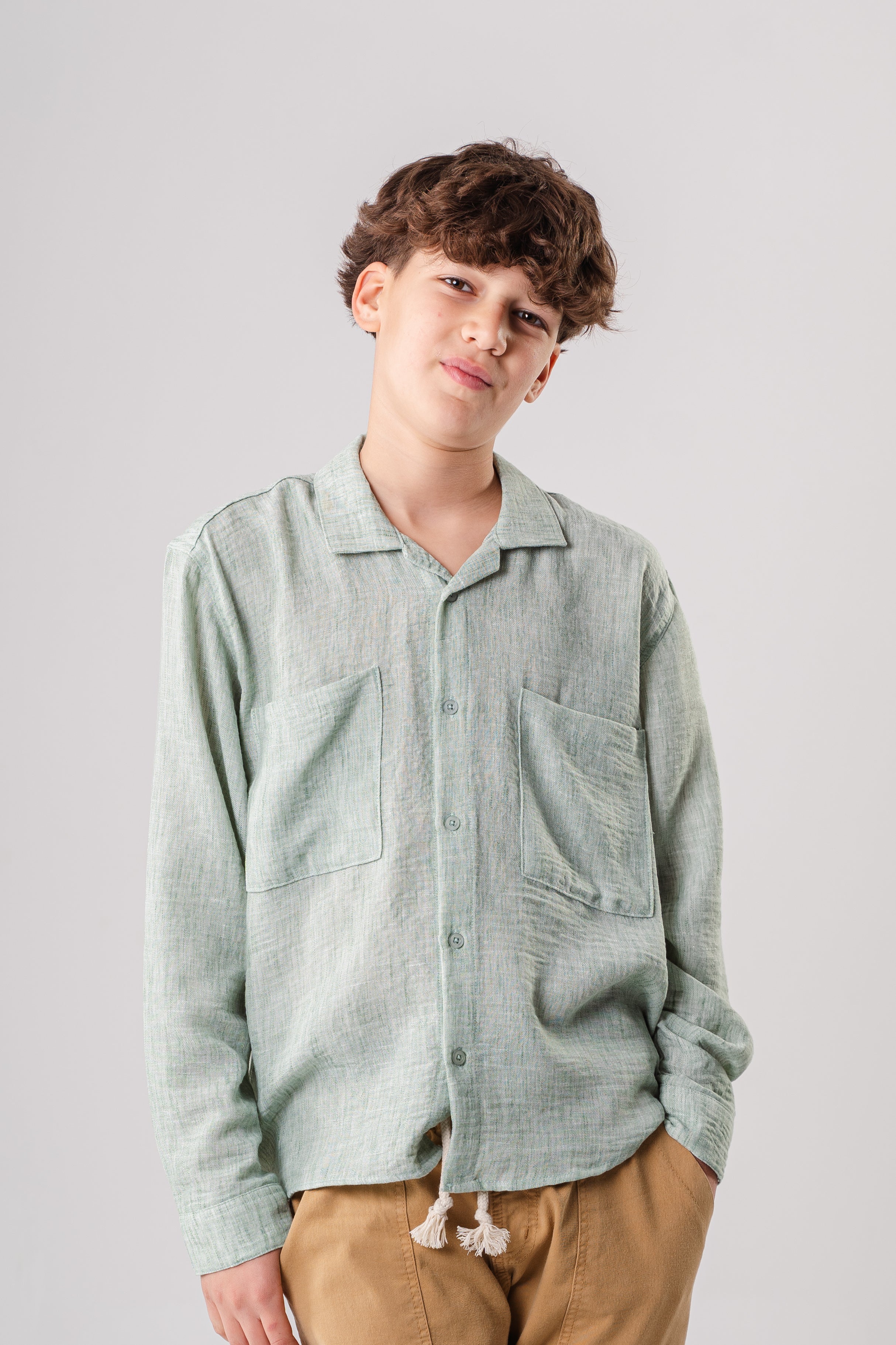 Boys Long Sleeve Textured Shirt With Pockets