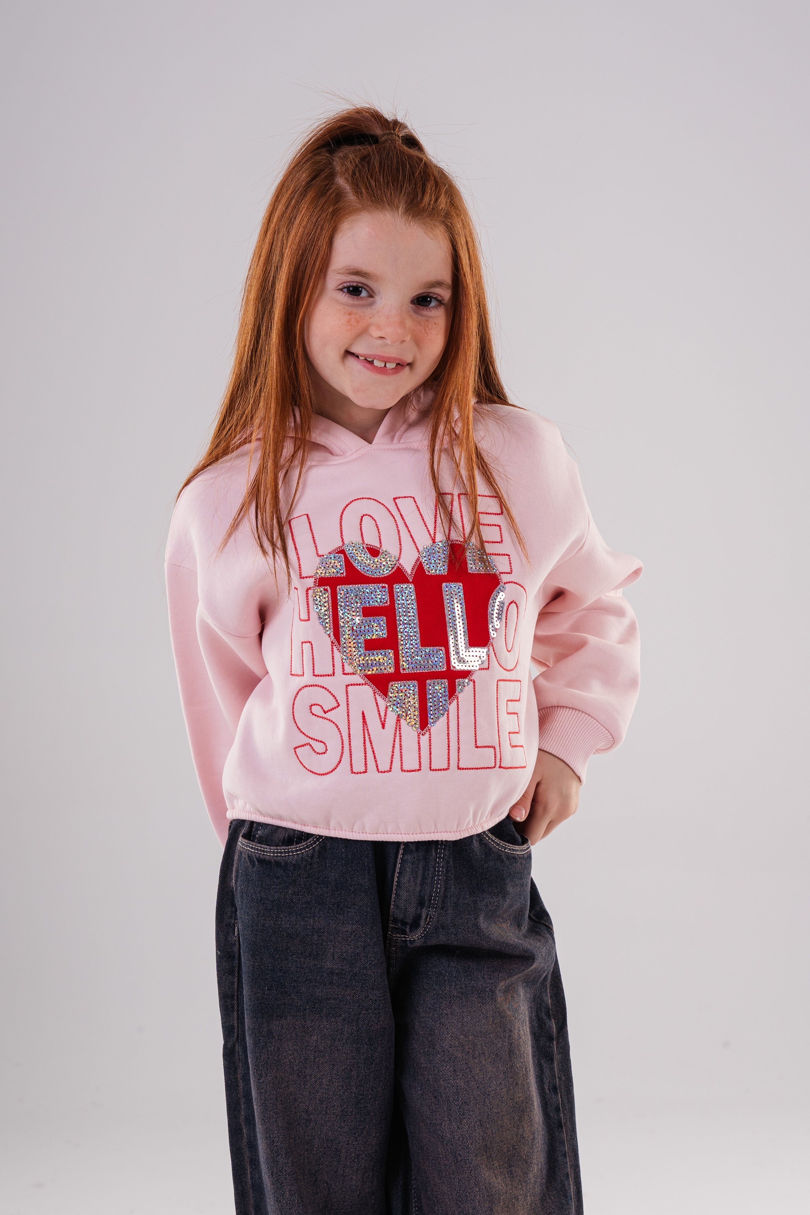 Girls' "Love Hello Smile" Sequin Heart Cropped Hoodie