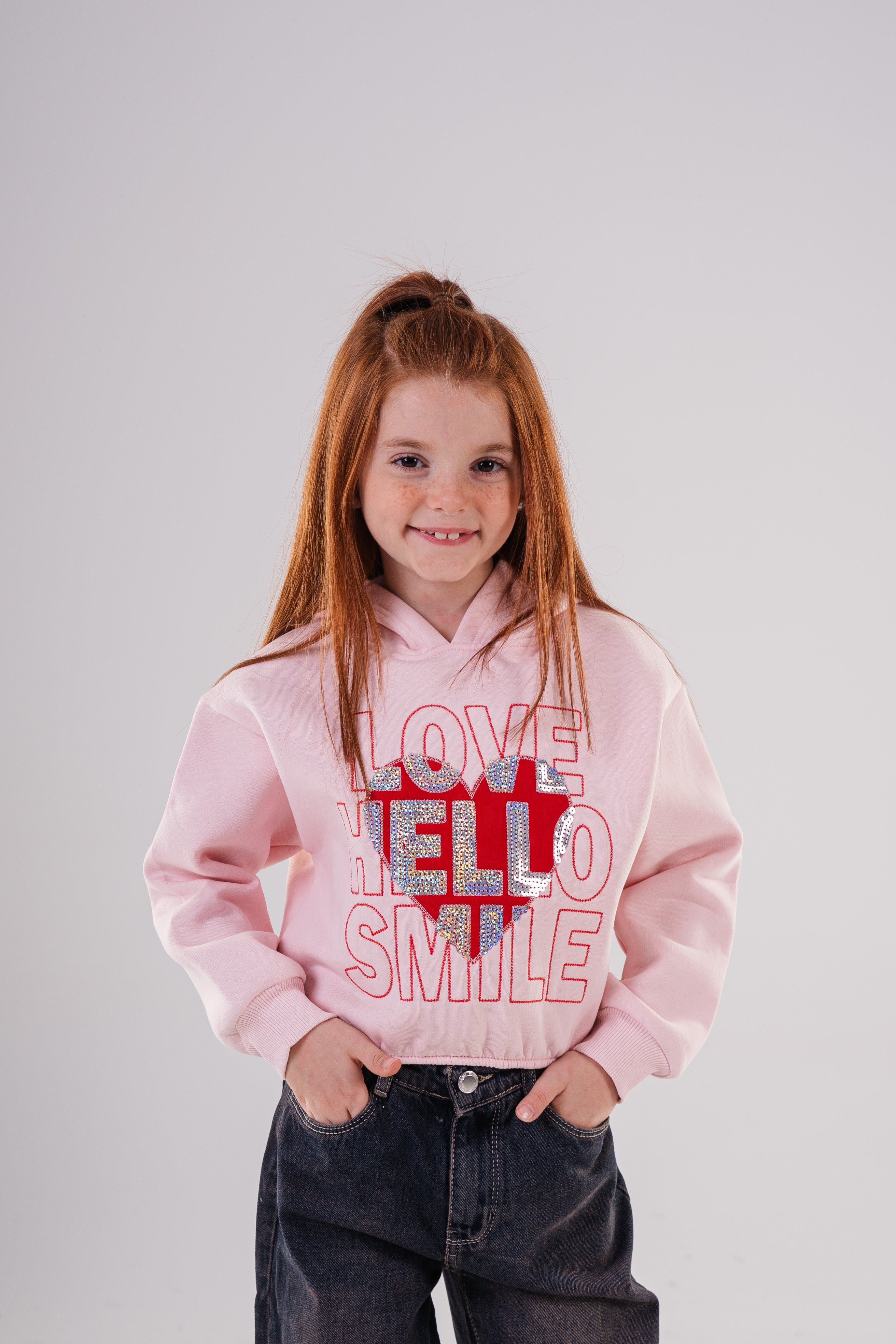 Girls' "Love Hello Smile" Sequin Heart Cropped Hoodie