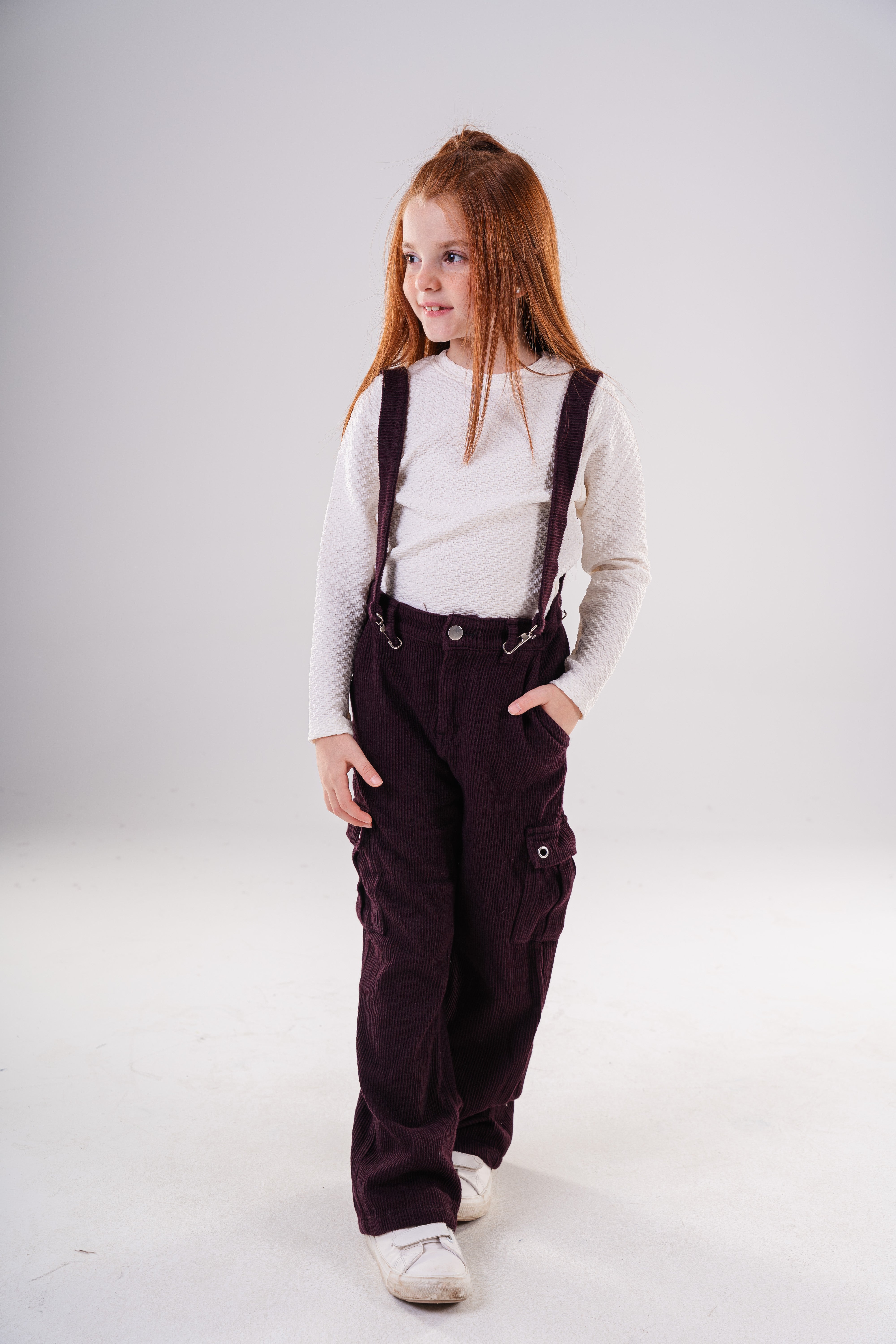 Girls Corduroy Cargo Pants with Removable Suspenders