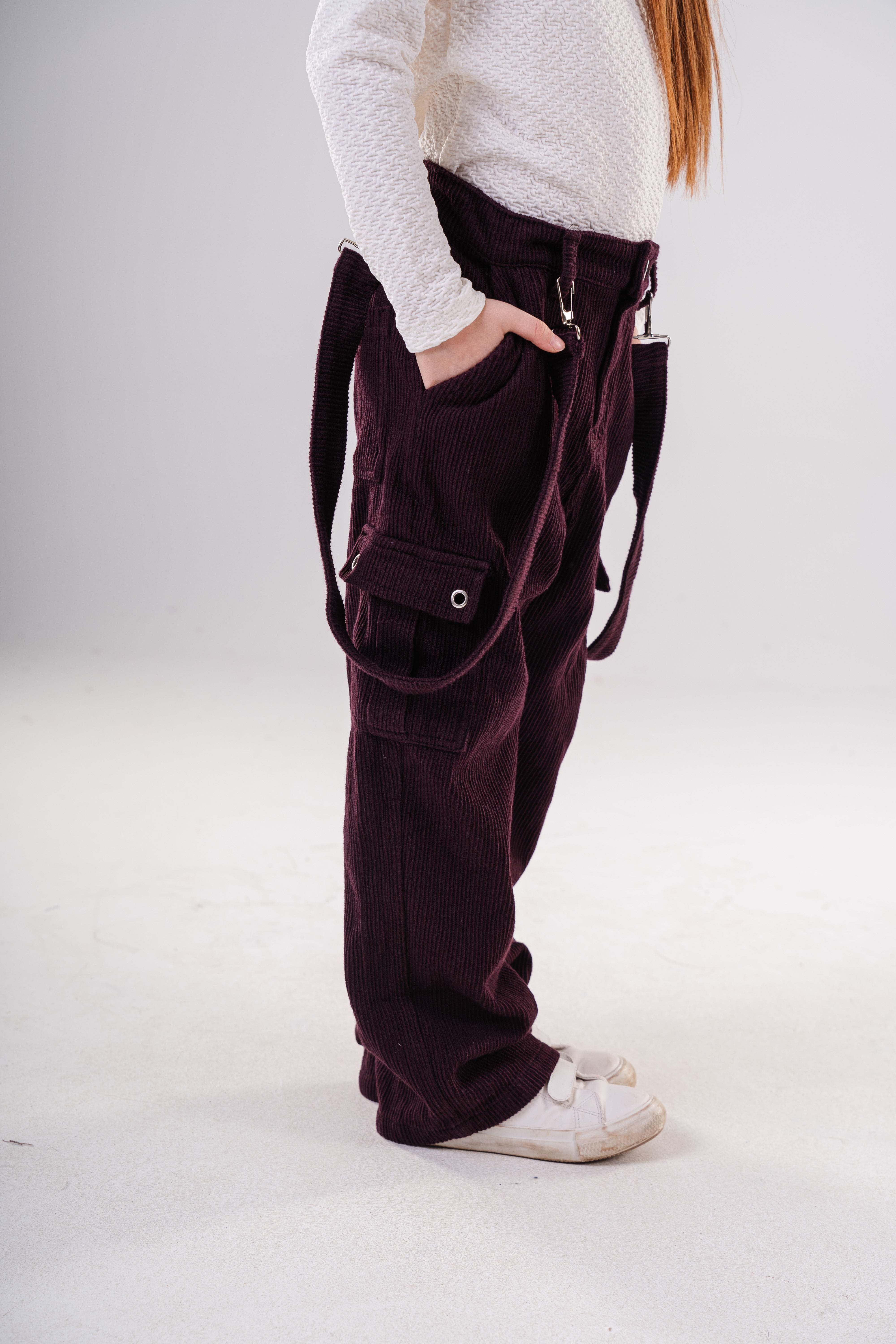 Girls Corduroy Cargo Pants with Removable Suspenders