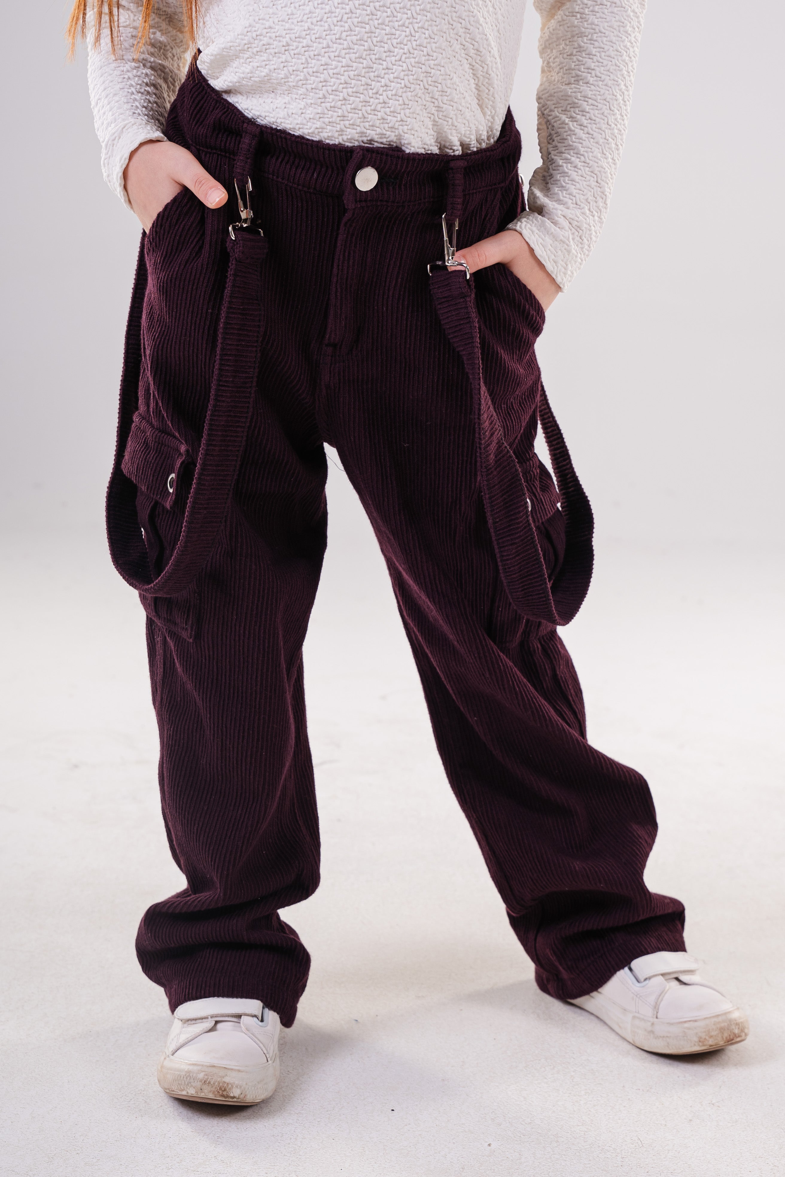 Girls Corduroy Cargo Pants with Removable Suspenders
