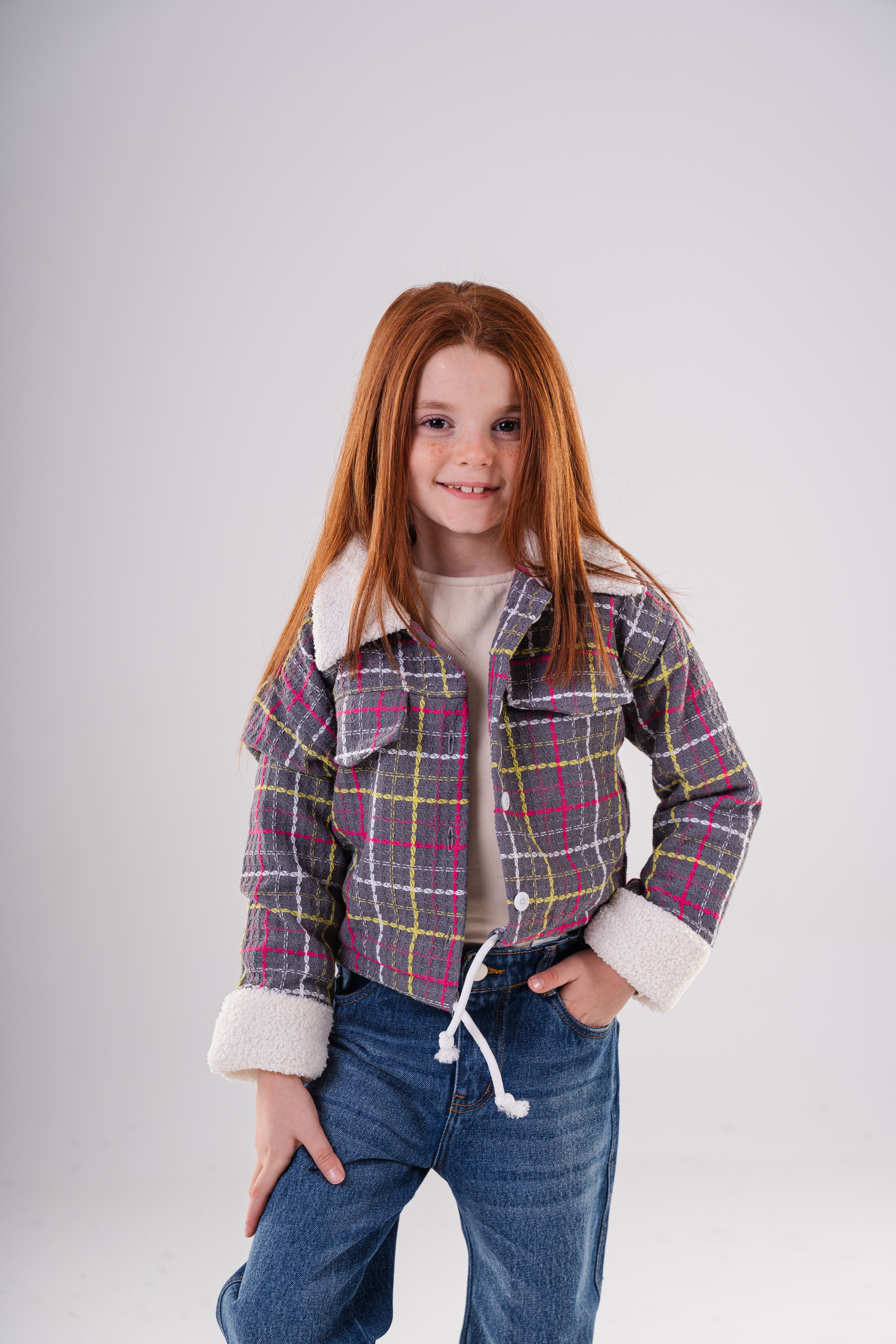 Girls Checkered Wool Blend Jacket with Fleece Cuffs