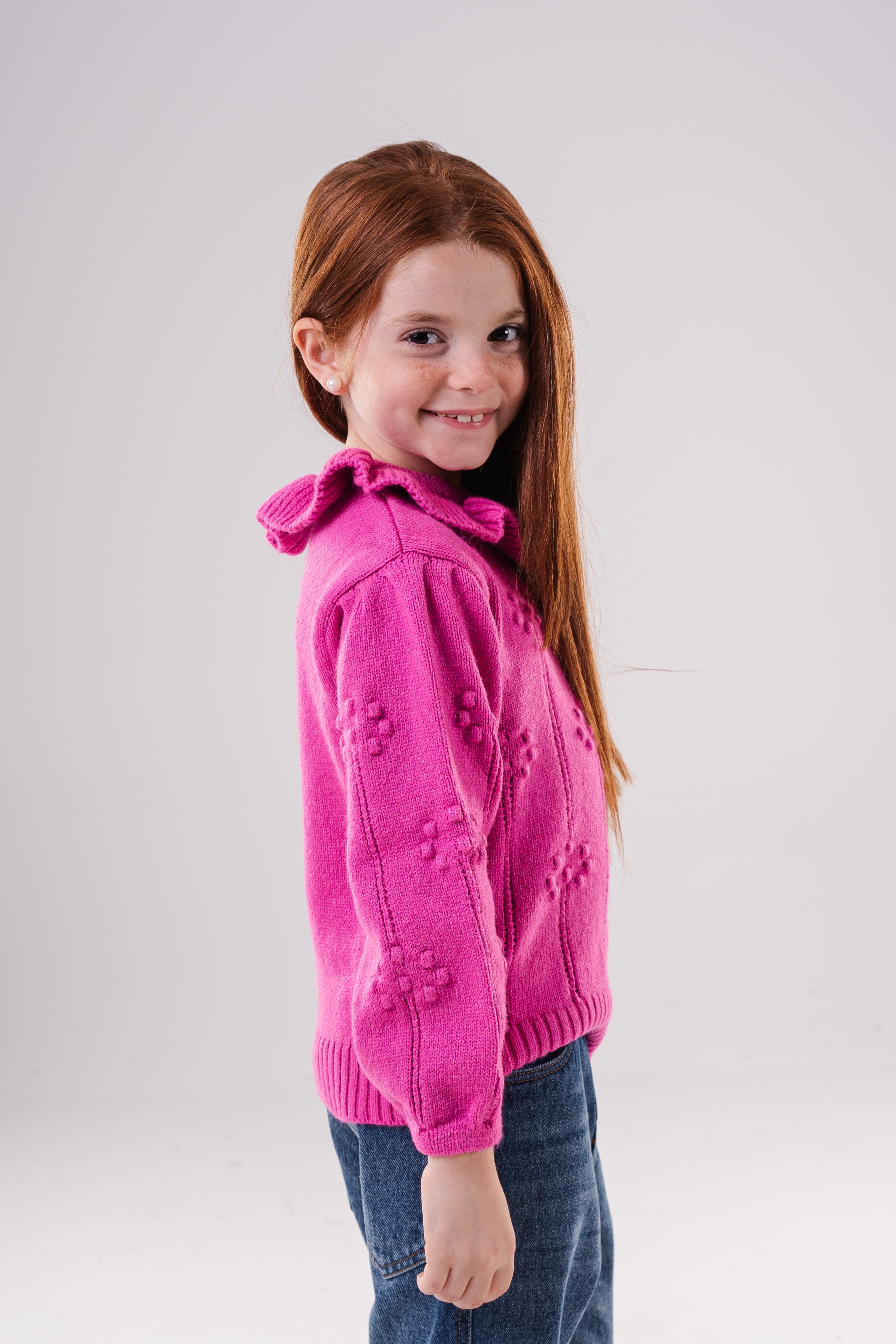 Girls Ruffled Collar Pointelle Knit Sweater