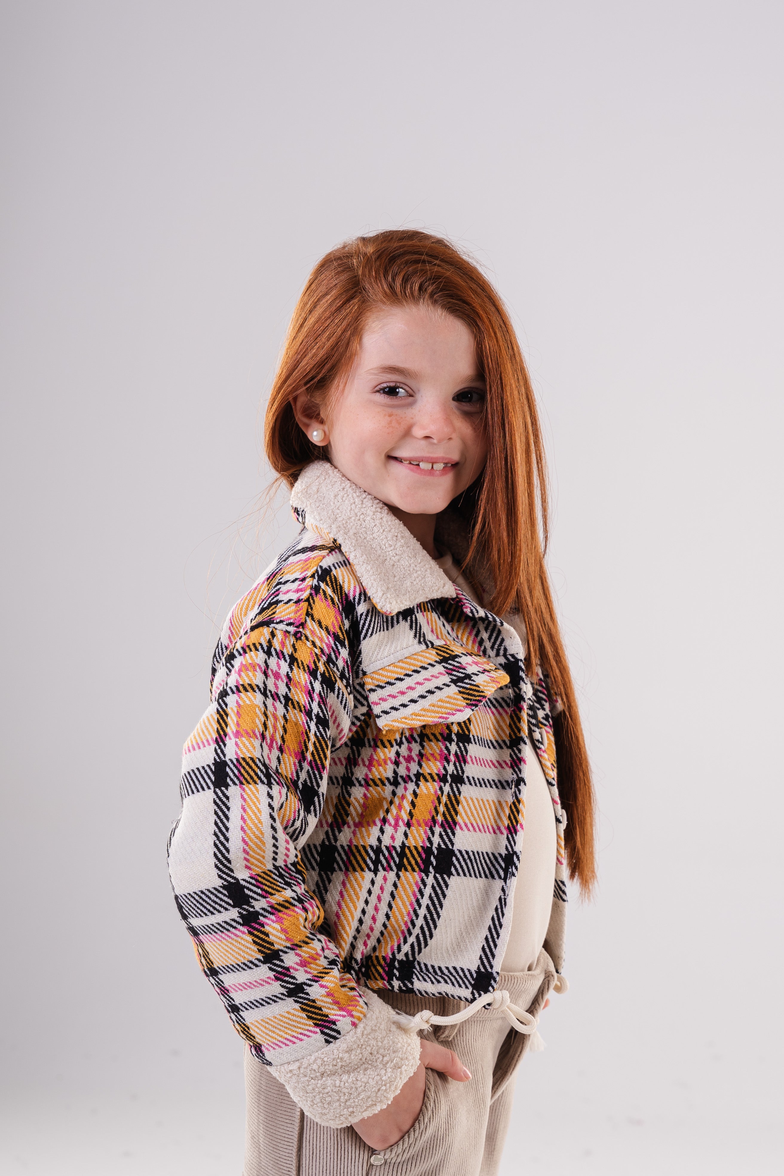 Girls Checkered Wool Blend Jacket with Fleece Cuffs