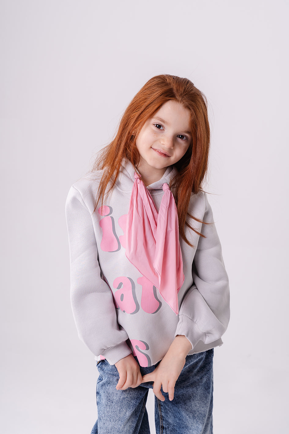 Girls Casual Printed Gray Hoodie with Wide Tie