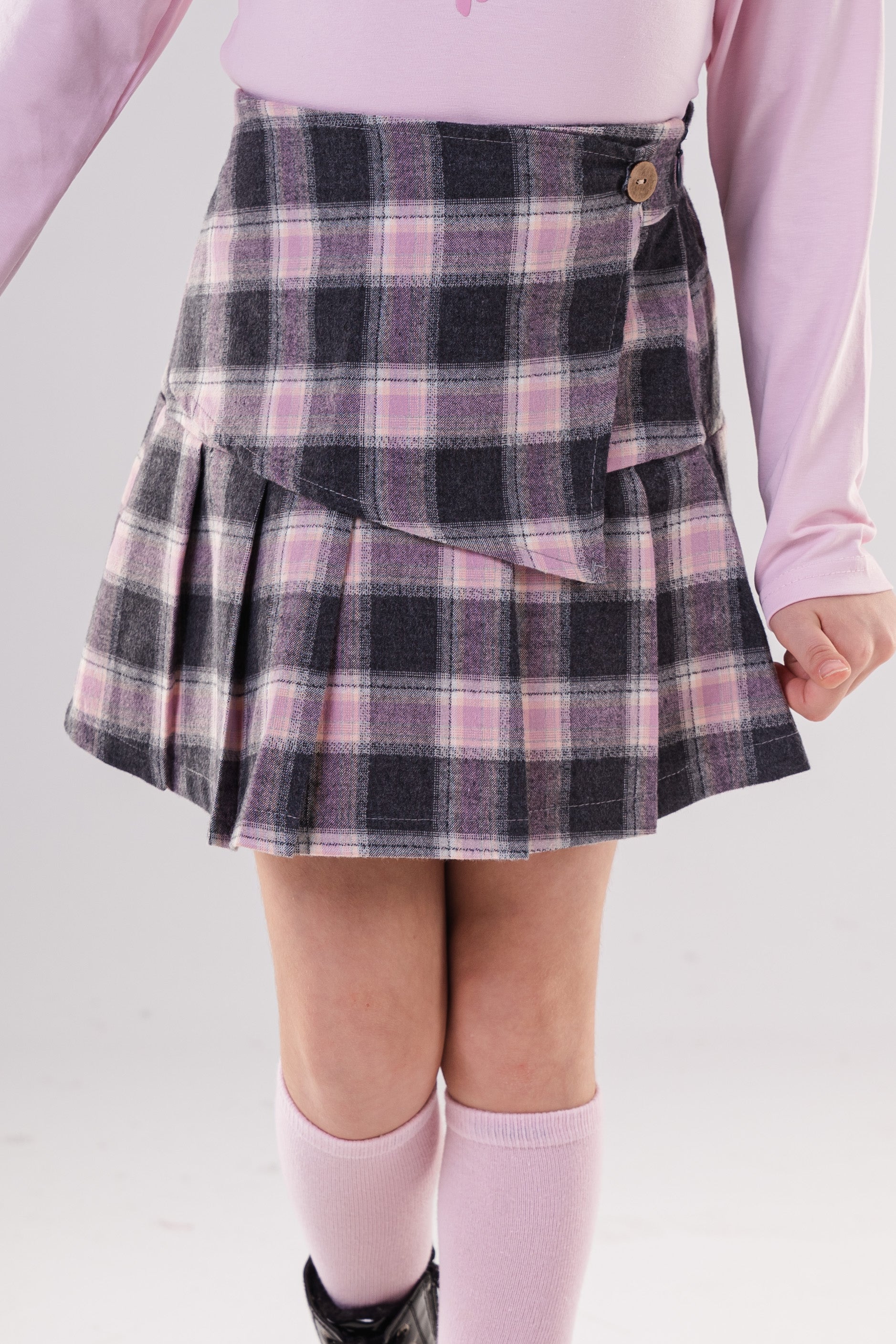 Girls Plaid Pleated Skirt with Wrap Detail