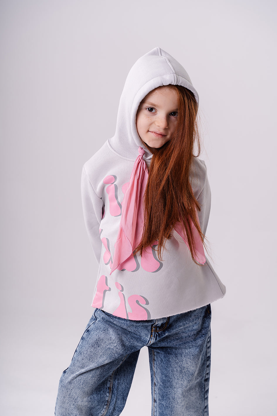 Girls Casual Printed Gray Hoodie with Wide Tie