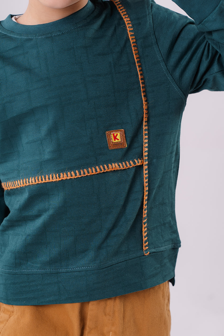 Boys Dark Turquoise Crew Neck Sweatshirt With Embroidery