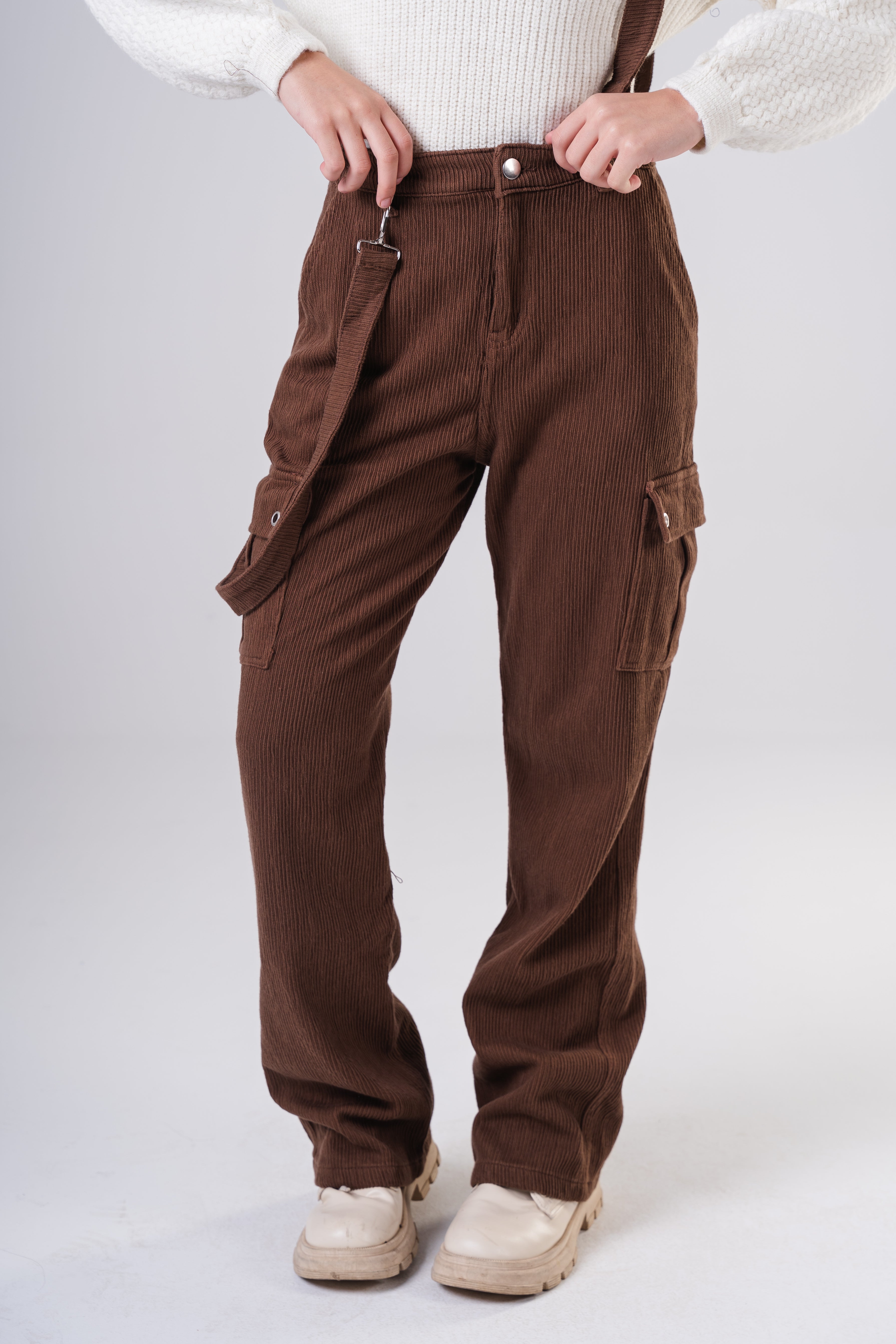 Girls Corduroy Cargo Pants with Removable Suspenders
