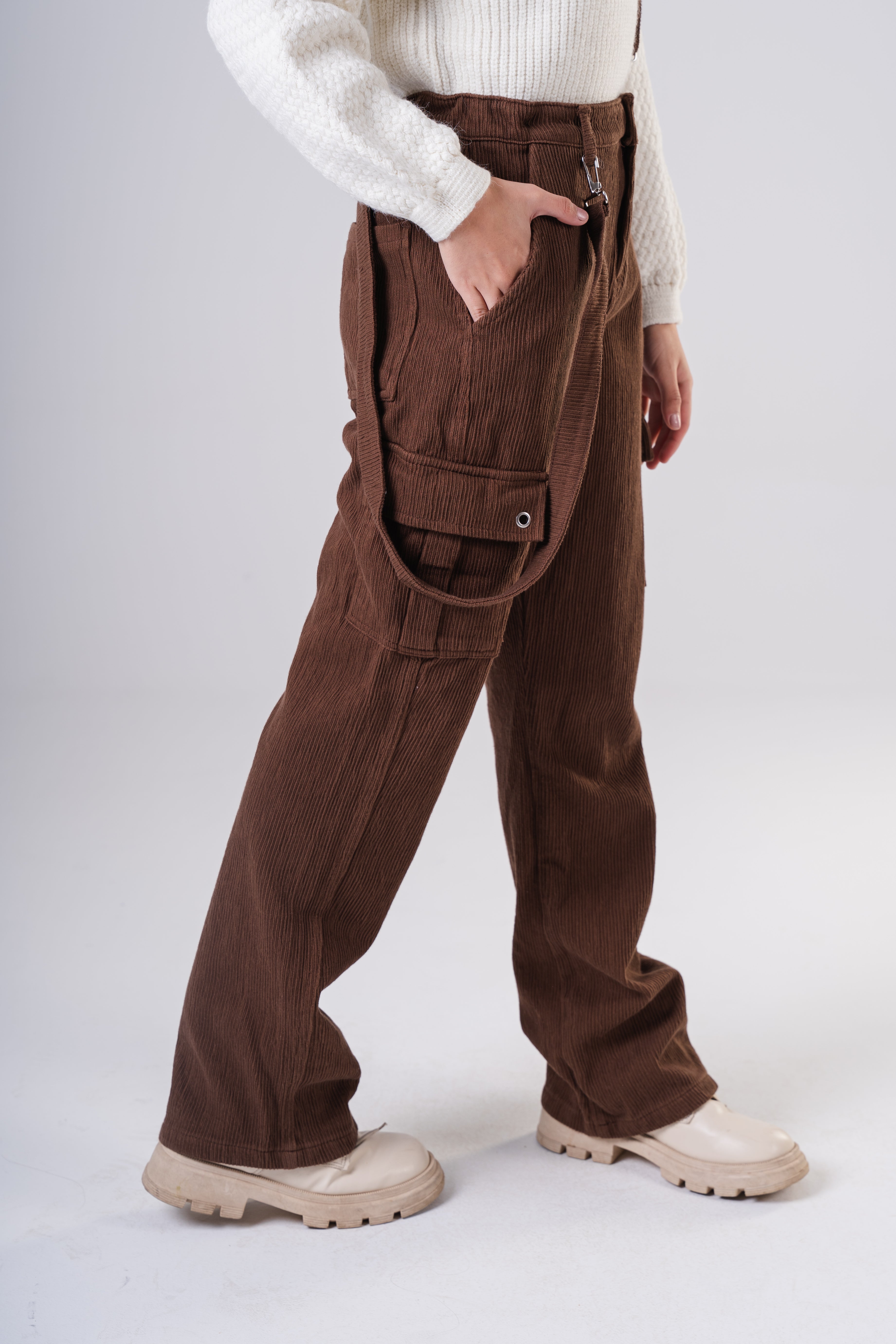 Girls Corduroy Cargo Pants with Removable Suspenders