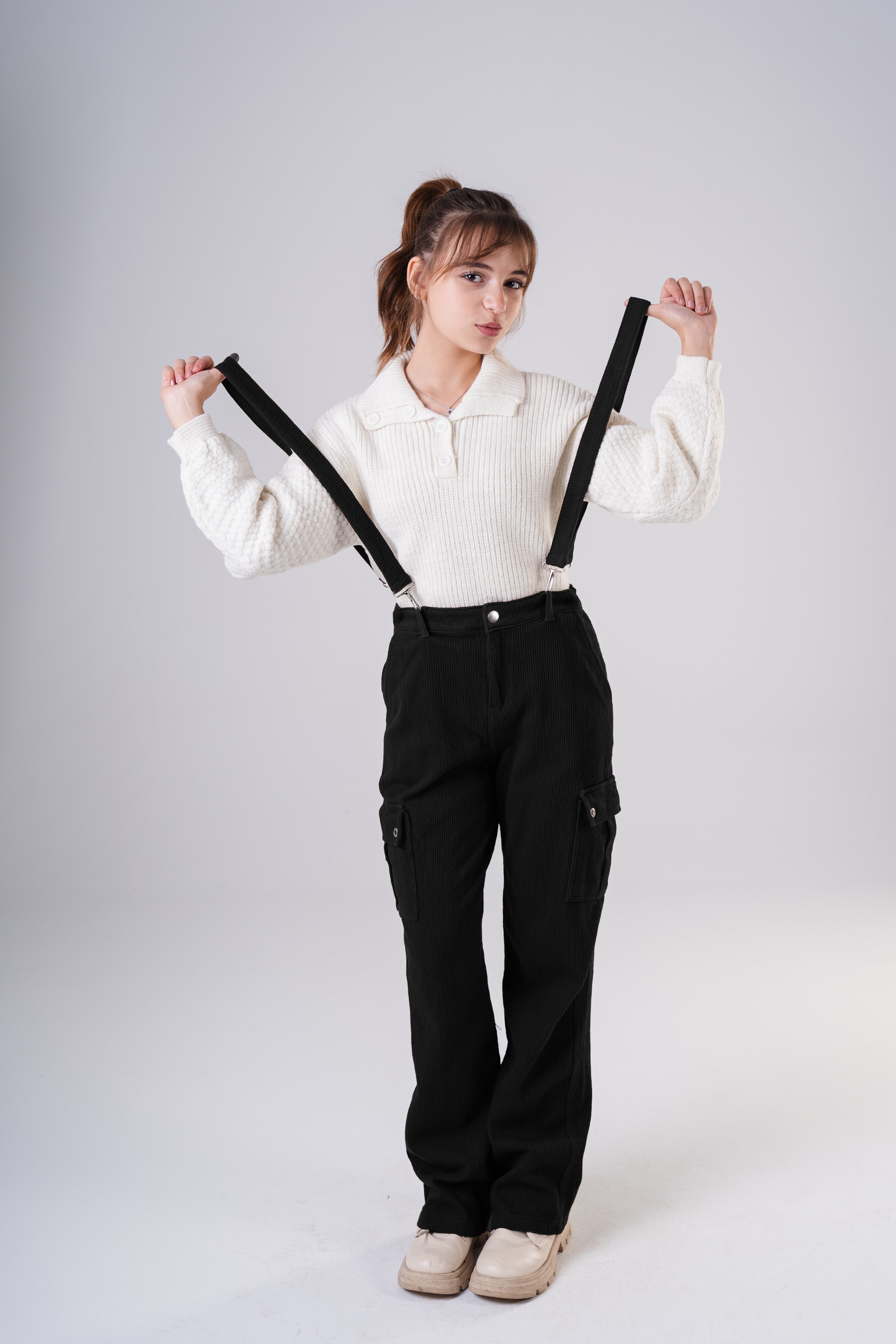 Girls Corduroy Cargo Pants with Removable Suspenders