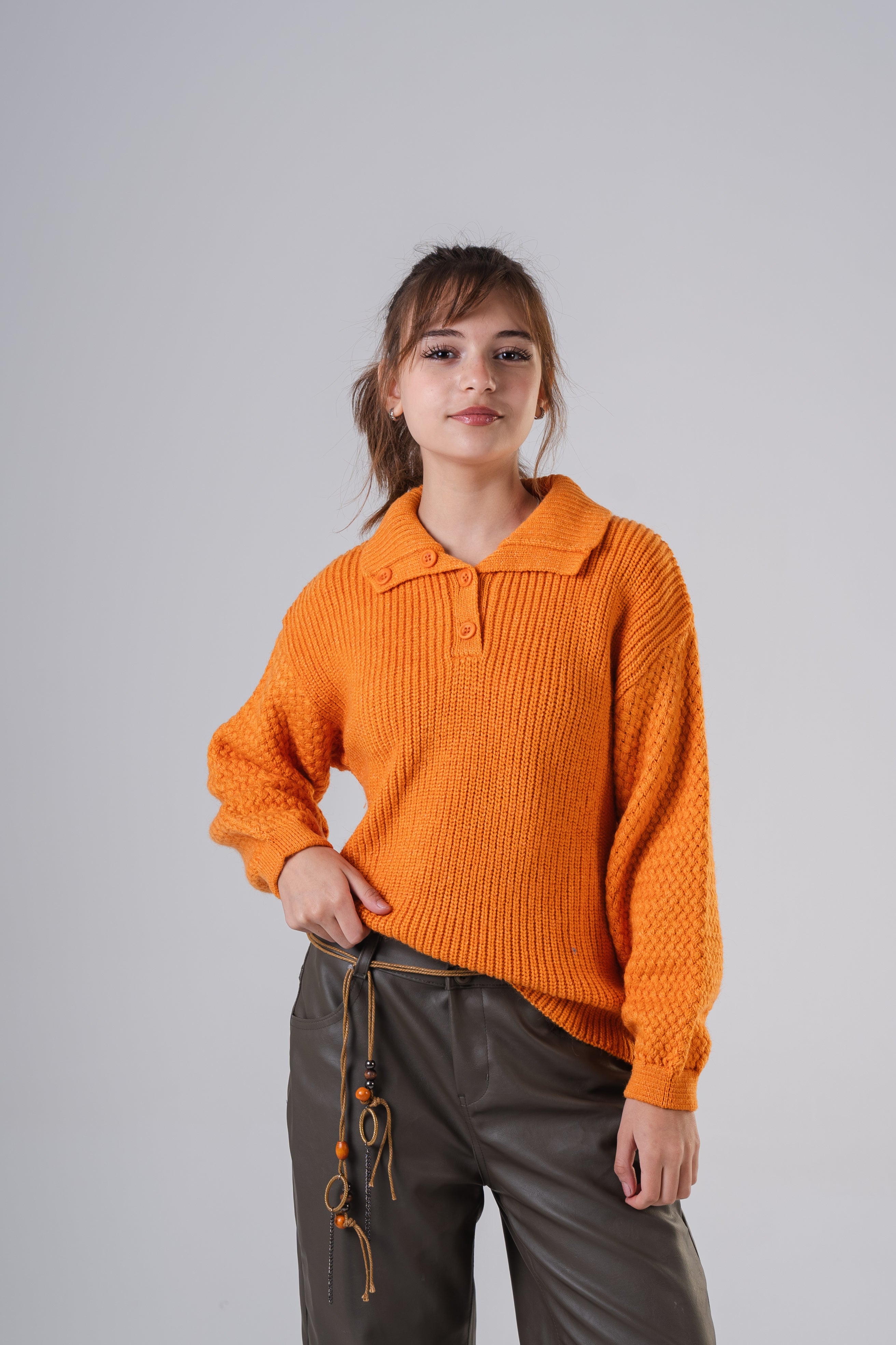 Girls Knit Pullover with Button Collar