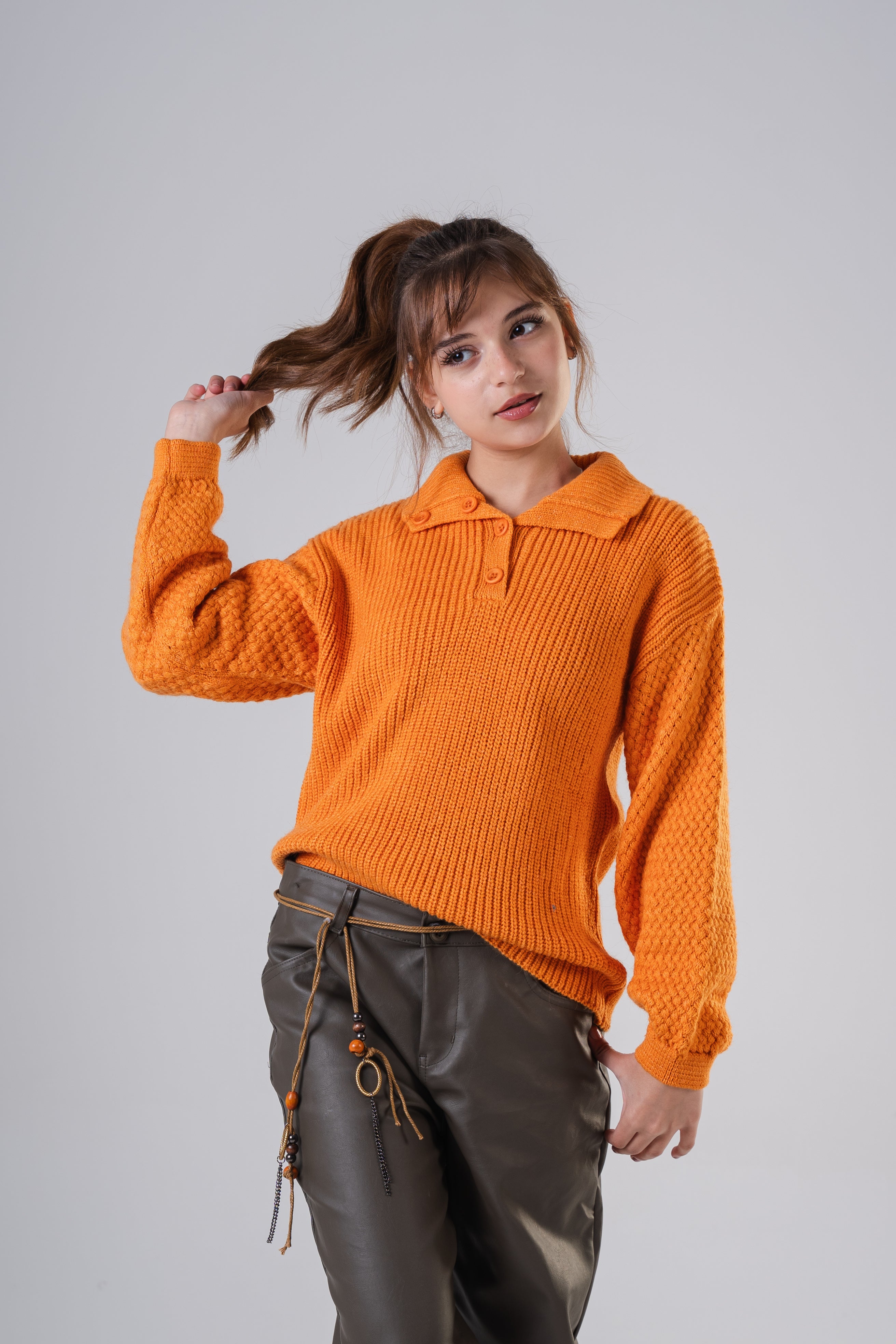 Girls Knit Pullover with Button Collar