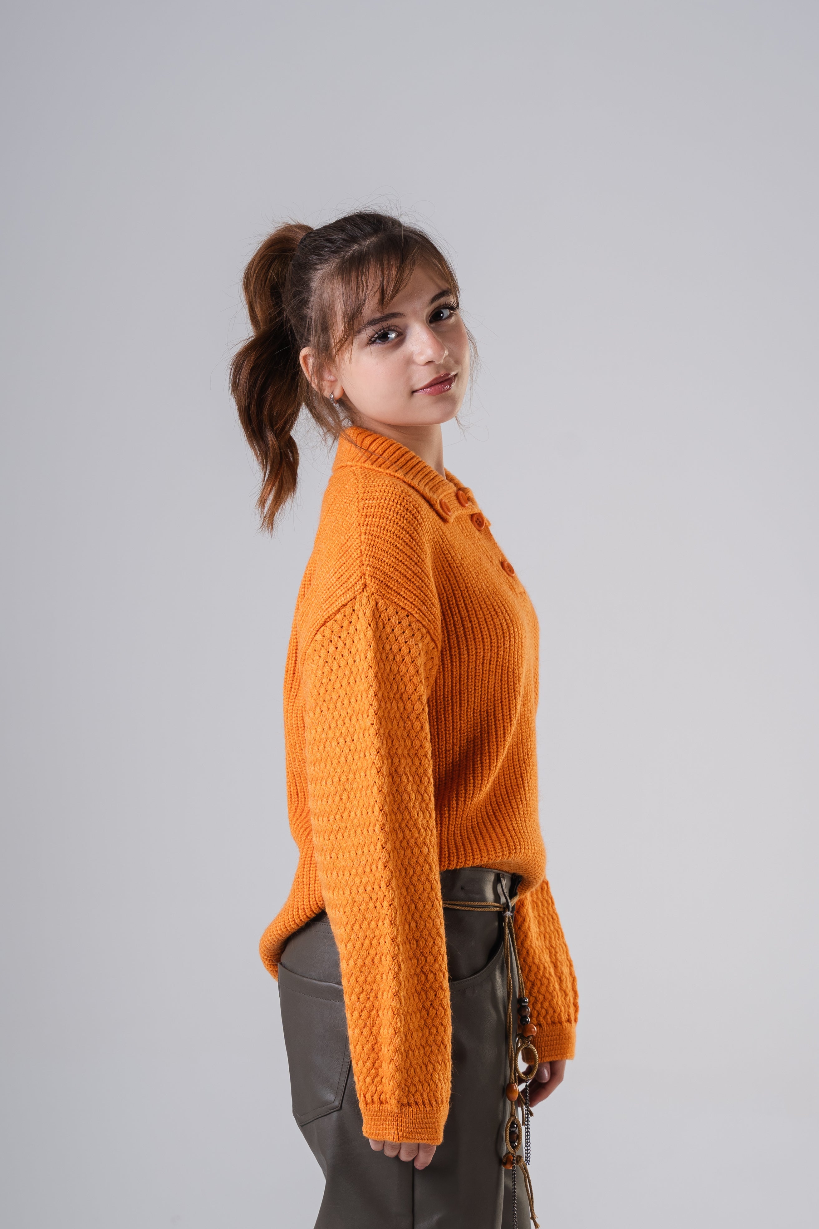 Girls Knit Pullover with Button Collar