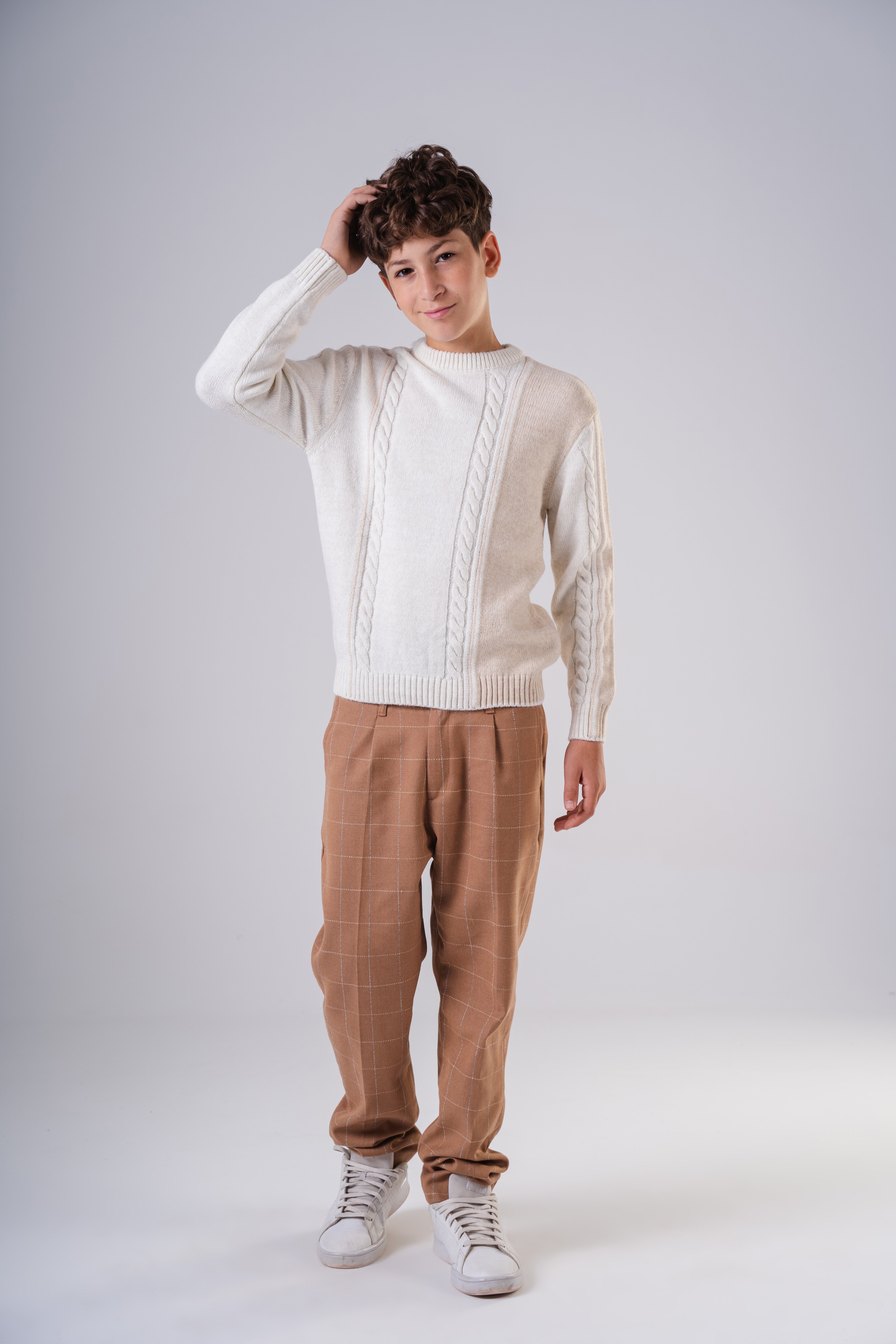 Boy's Textured Crewneck Sweater with Chunky Cable Knit