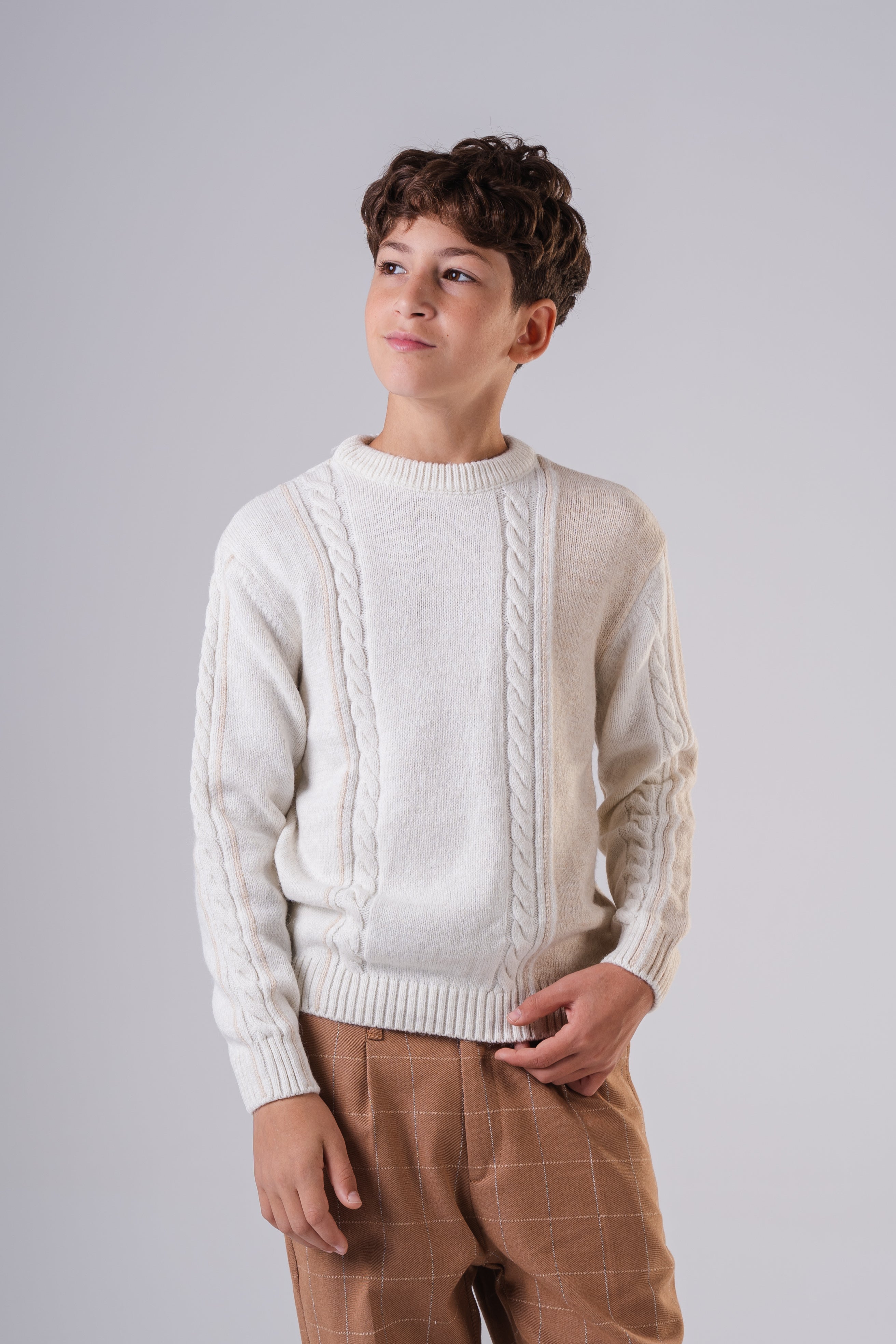 Boy's Textured Crewneck Sweater with Chunky Cable Knit