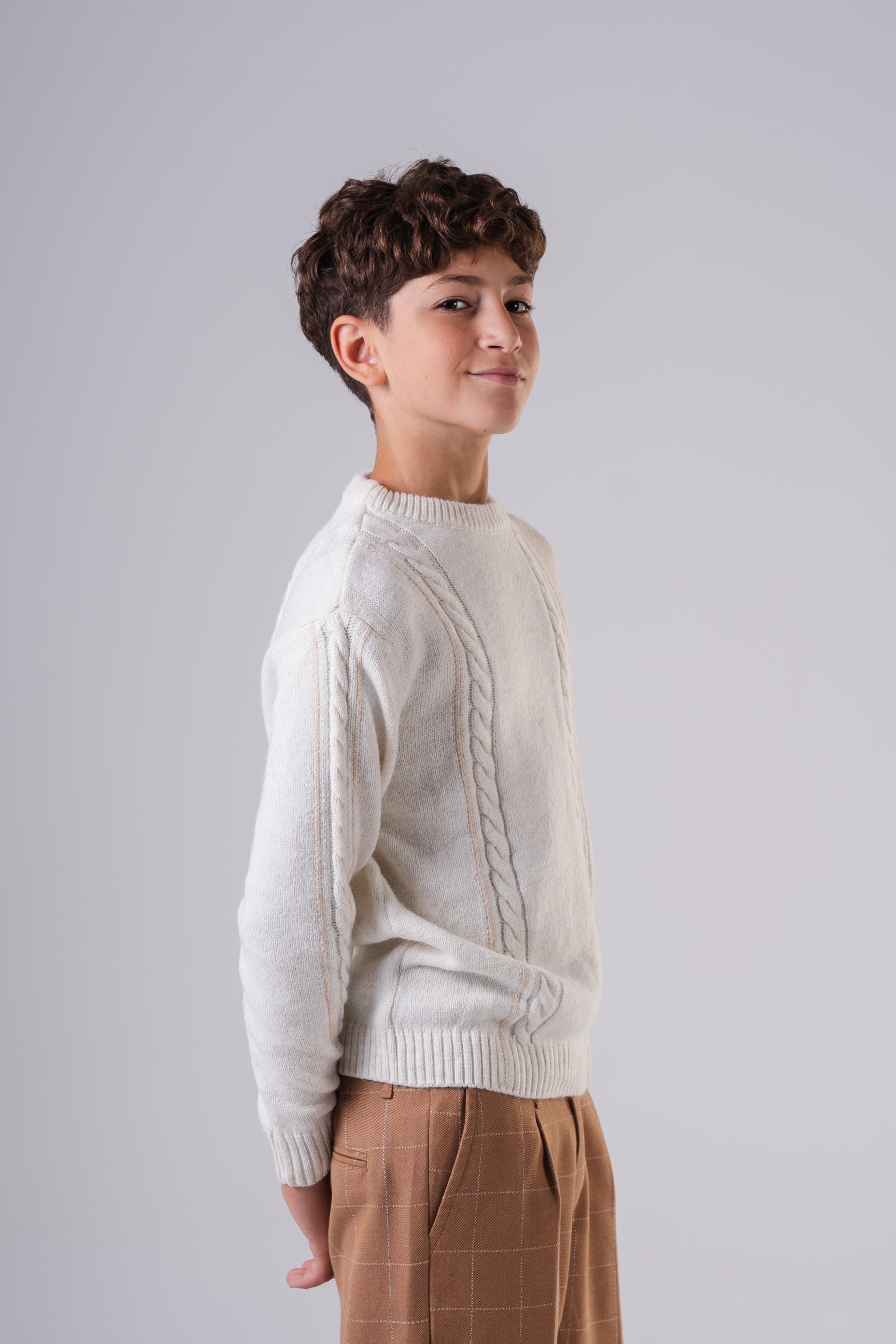 Boy's Textured Crewneck Sweater with Chunky Cable Knit